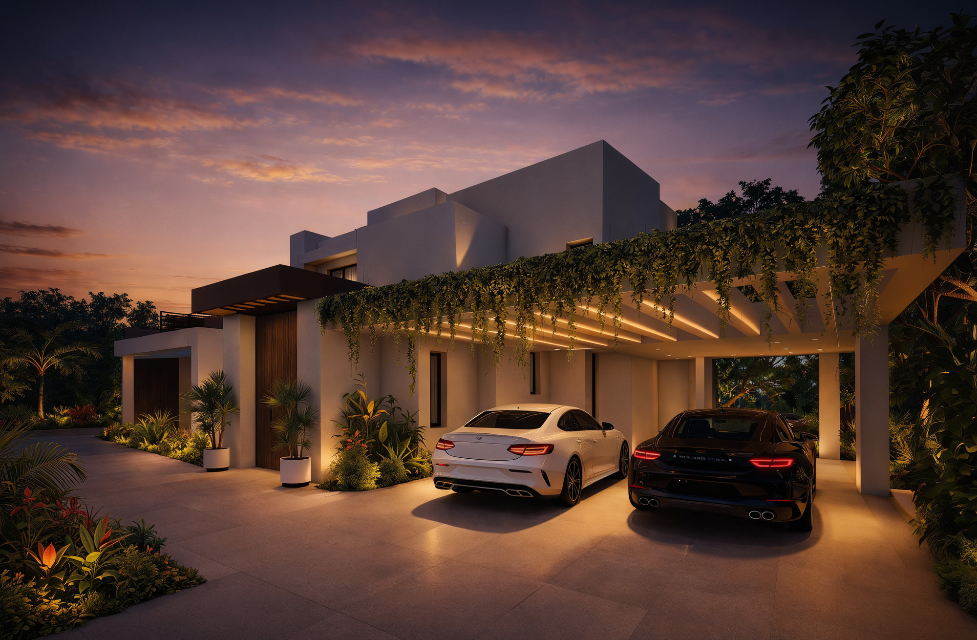 Arrival façade at Guadalmina 18 with covered parking, landscaped entrance and warm architectural lighting at dusk