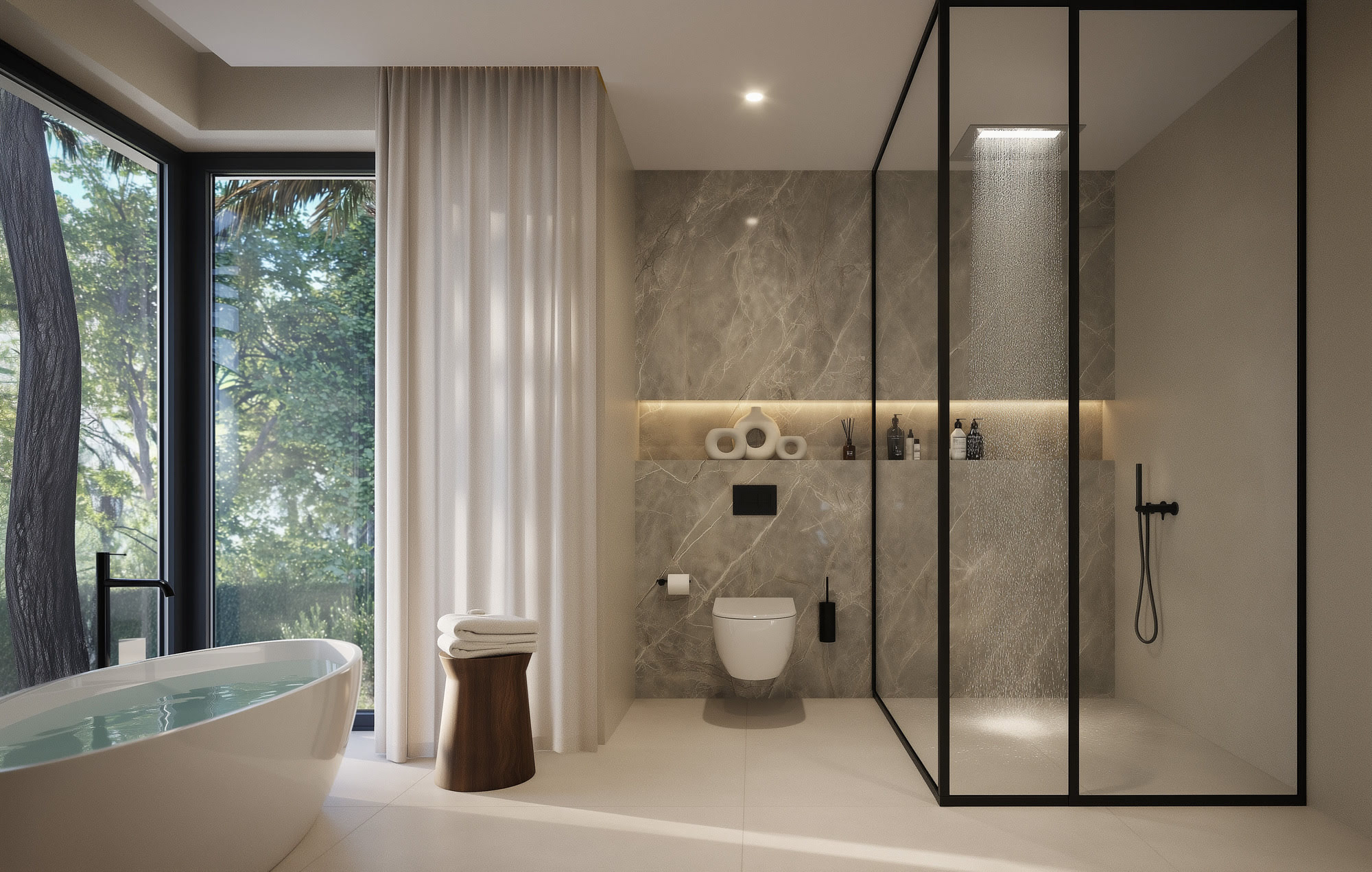 Bathroom with walk-in shower at Guadalmina 18 featuring natural stone, glass enclosure and calm daylight atmosphere