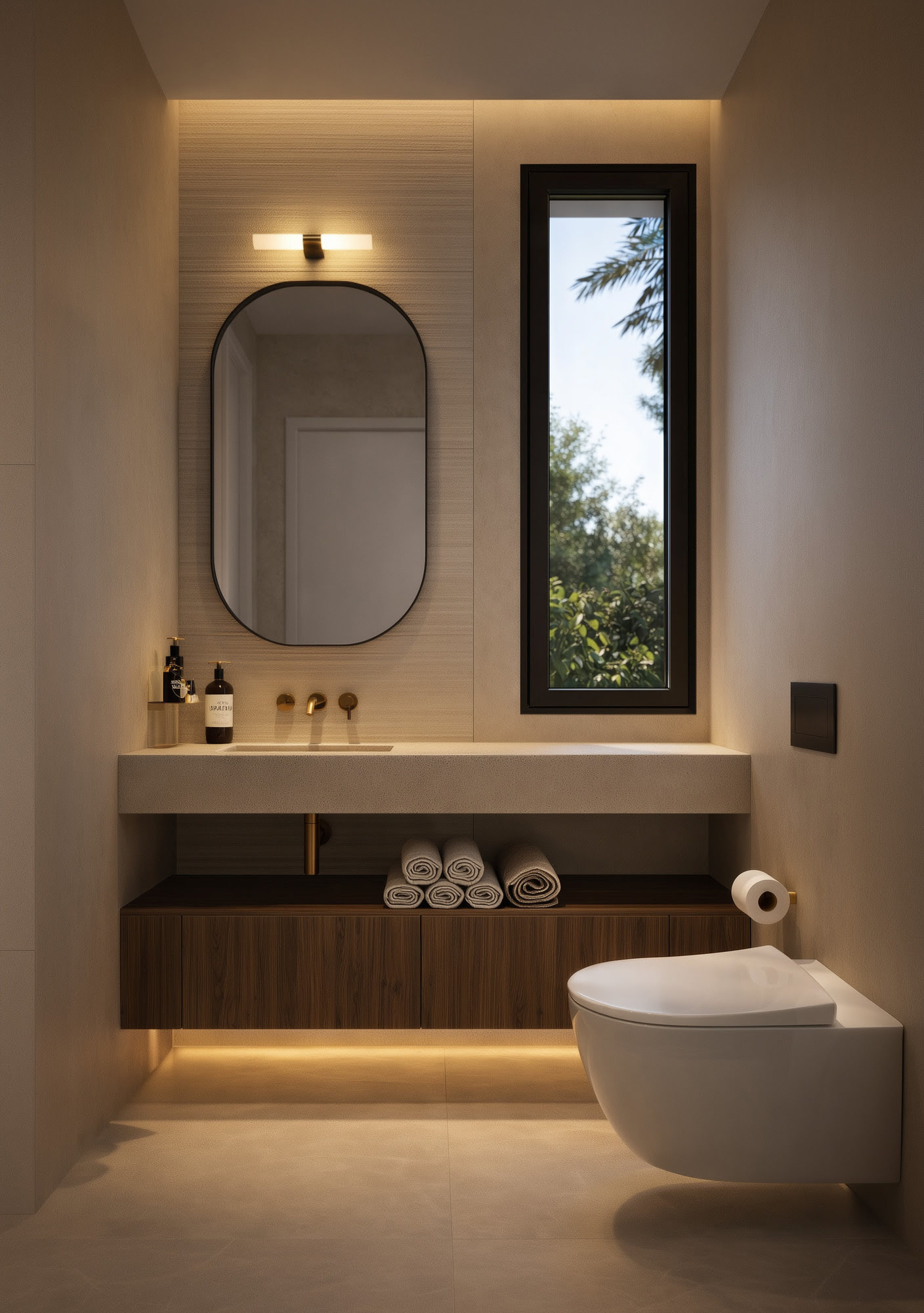Guest powder room at Guadalmina 18 with rounded mirror, warm lighting and refined minimalist detailing