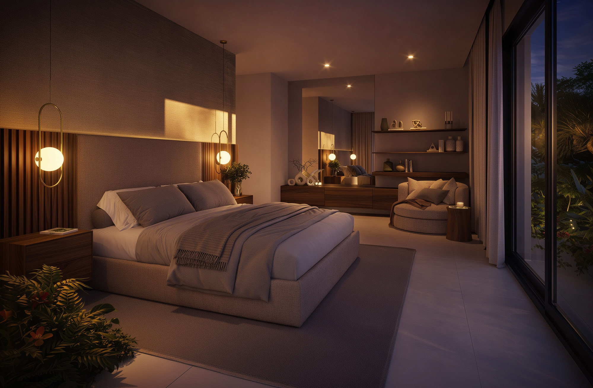 Primary bedroom suite at Guadalmina 18 with soft neutral textiles, warm lighting and evening garden views