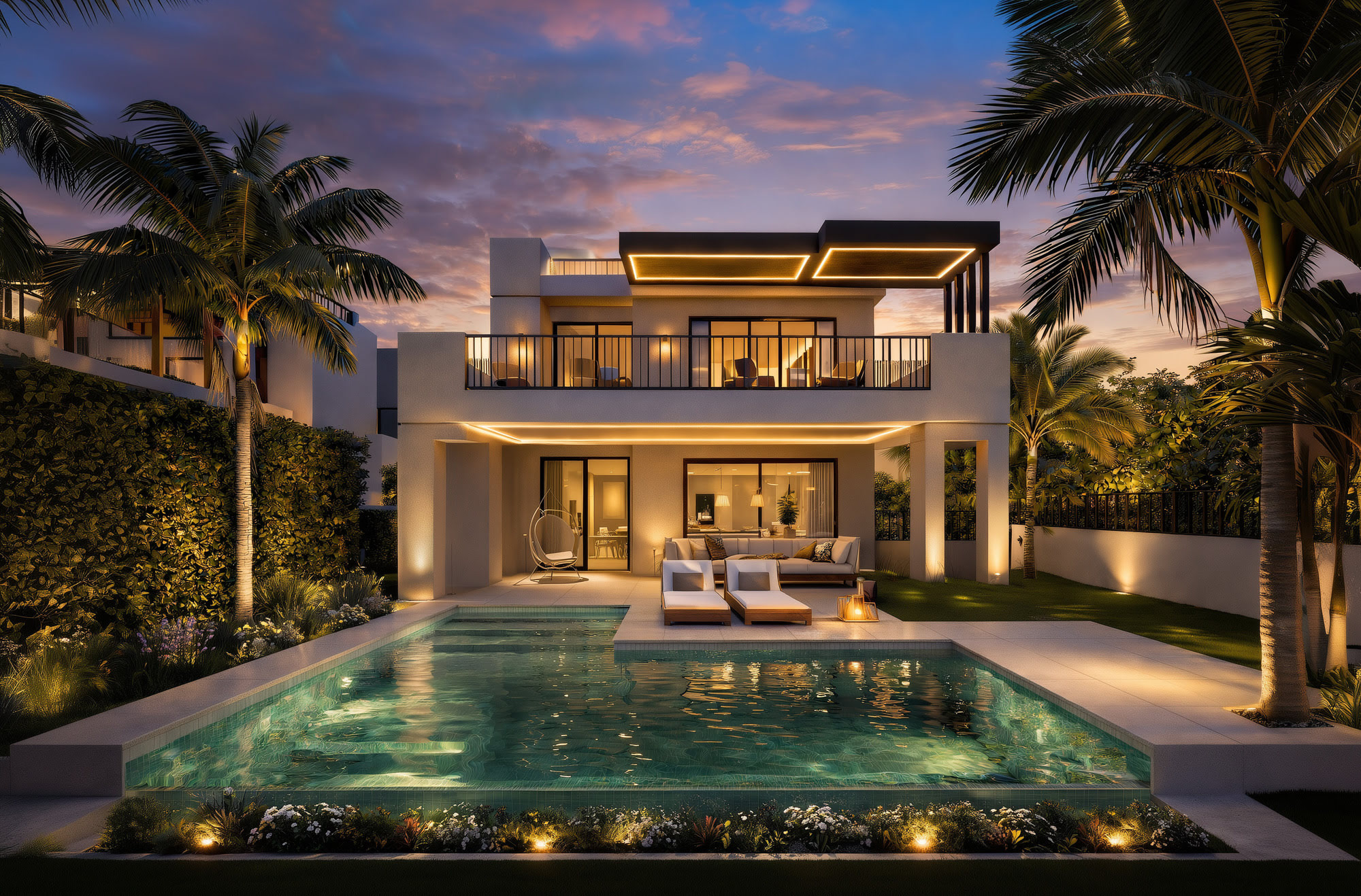 Symmetrical night view of Guadalmina 18 with illuminated façade, palm-framed pool and calm luxury atmosphere