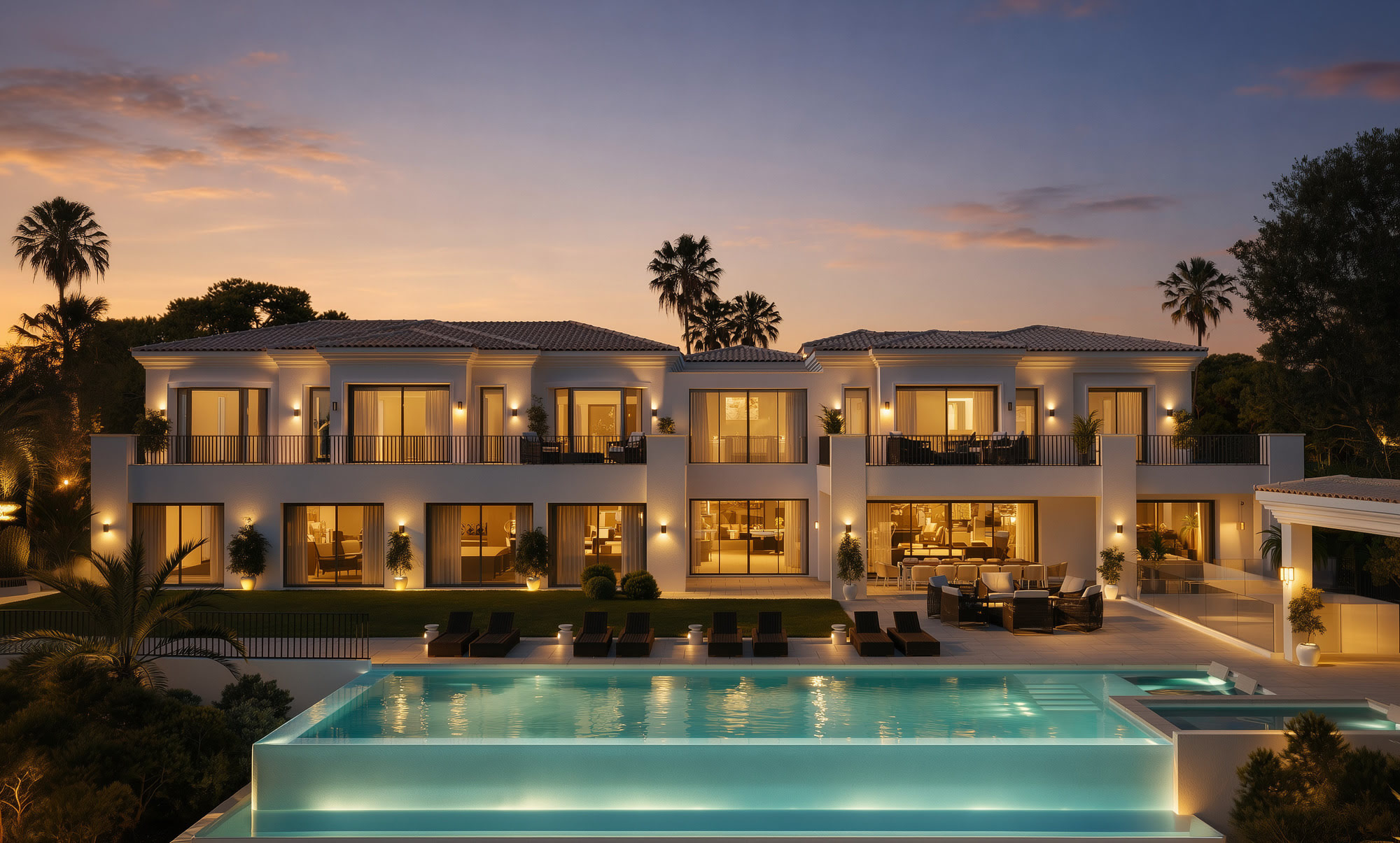 Twilight rear façade of Villa H35 with illuminated pool, broad terraces and symmetrical Mediterranean architecture
