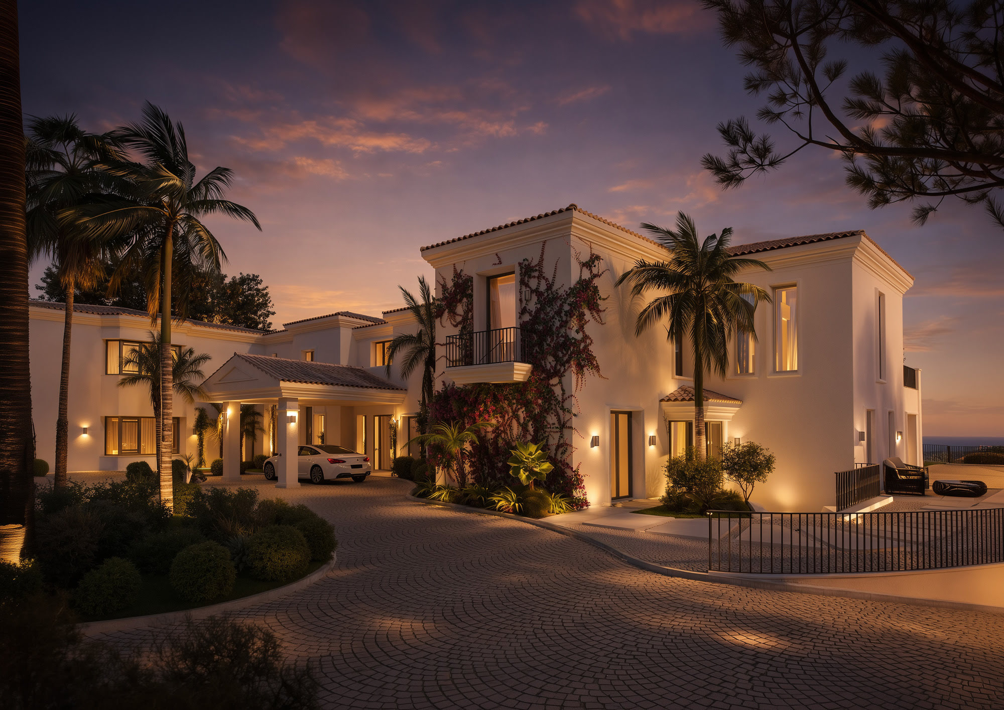 Arrival court of Villa H35 in La Zagaleta with palm trees, warm lighting and a ceremonial entrance sequence