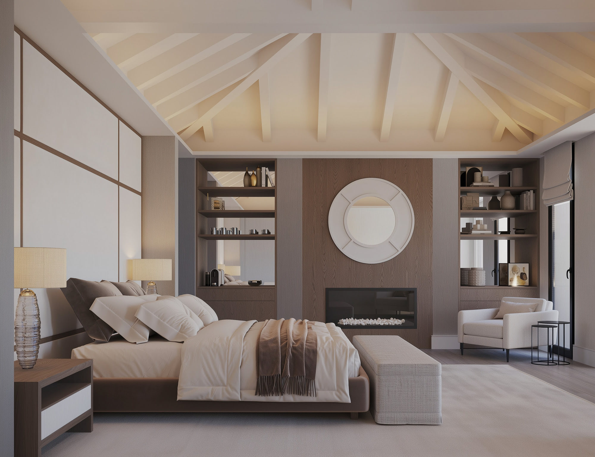 Principal bedroom at Villa H35 with vaulted ceiling, bespoke joinery and balanced composition