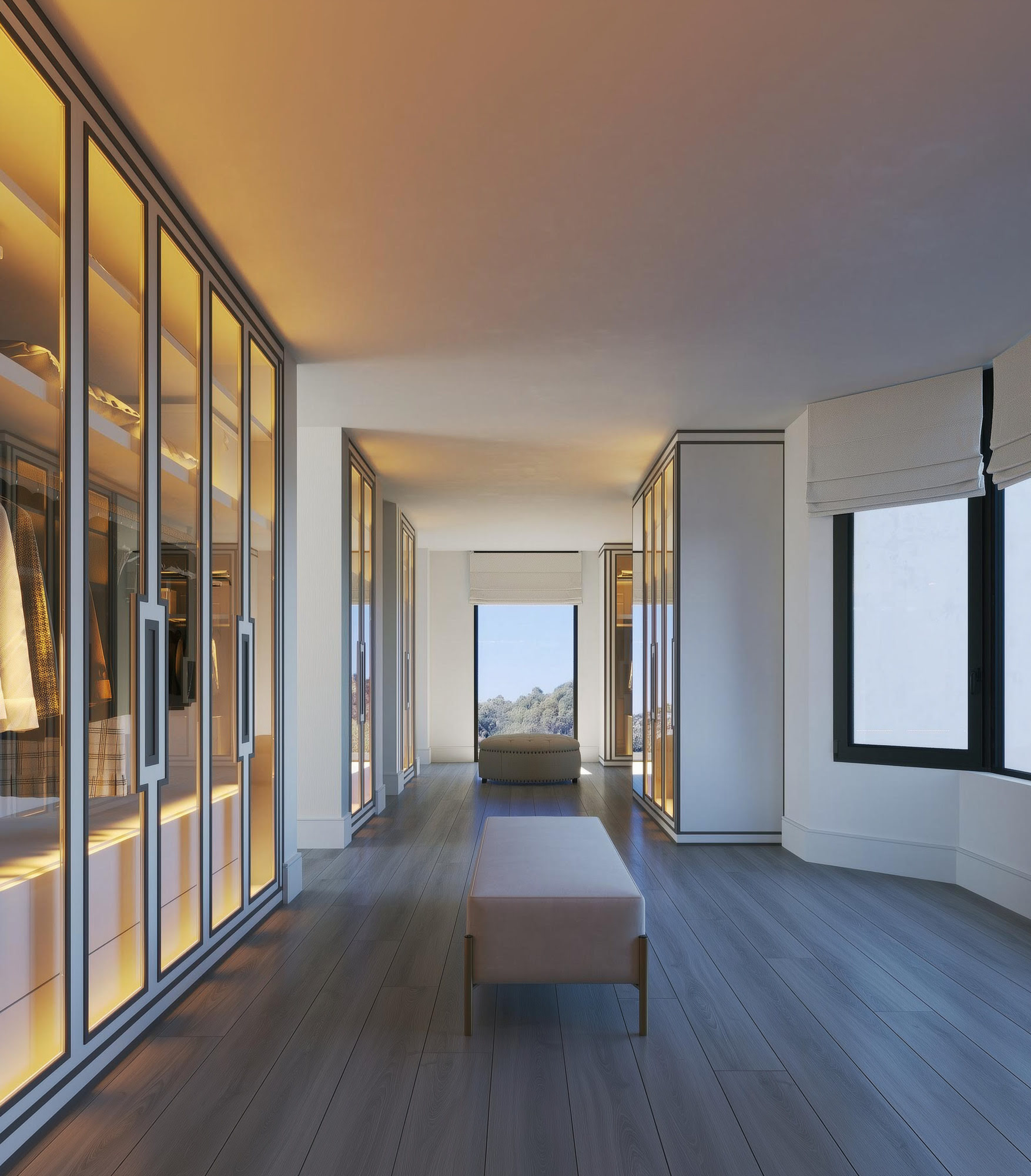 Private wardrobe corridor at Villa H35 with linear perspective, warm lighting and understated luxury