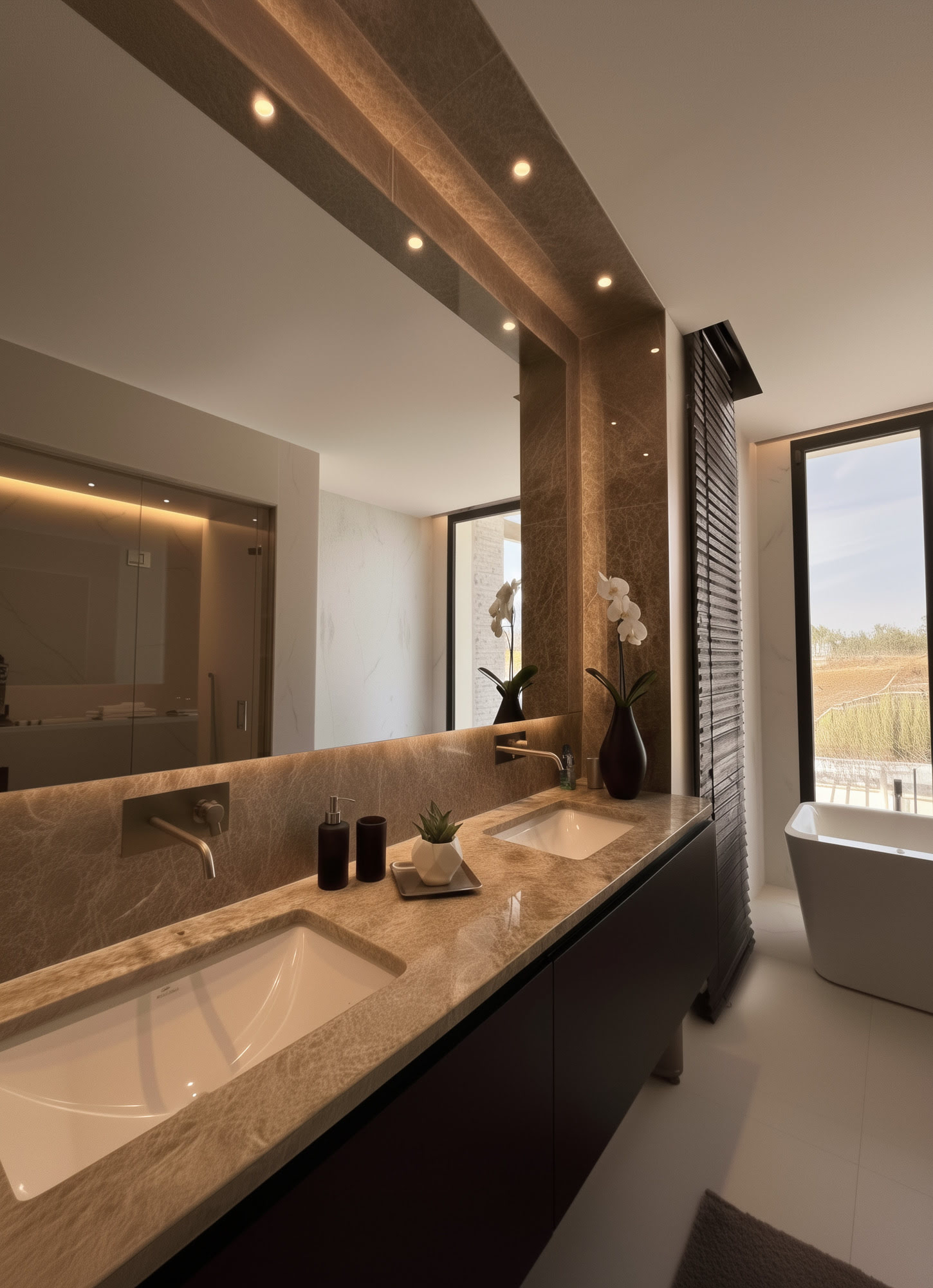 Luxury bathroom at Hillview Estate with long stone vanity, integrated mirror lighting and calm contemporary detailing