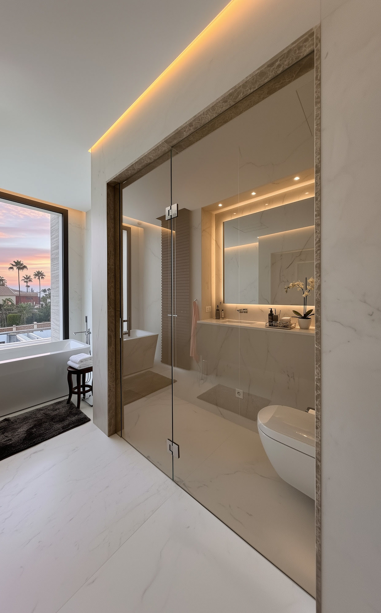 Bathroom corridor and vanity area at Hillview Estate with soft indirect lighting and refined natural finishes