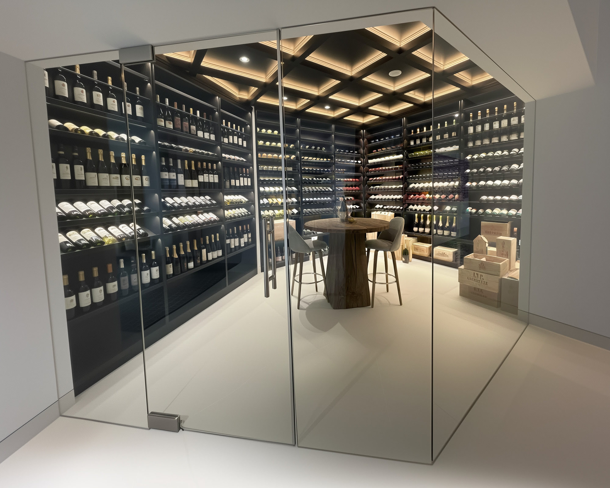 Walk-in wine cellar at Hillview Estate designed as a gallery-like feature with mirrored surfaces and dramatic storage walls