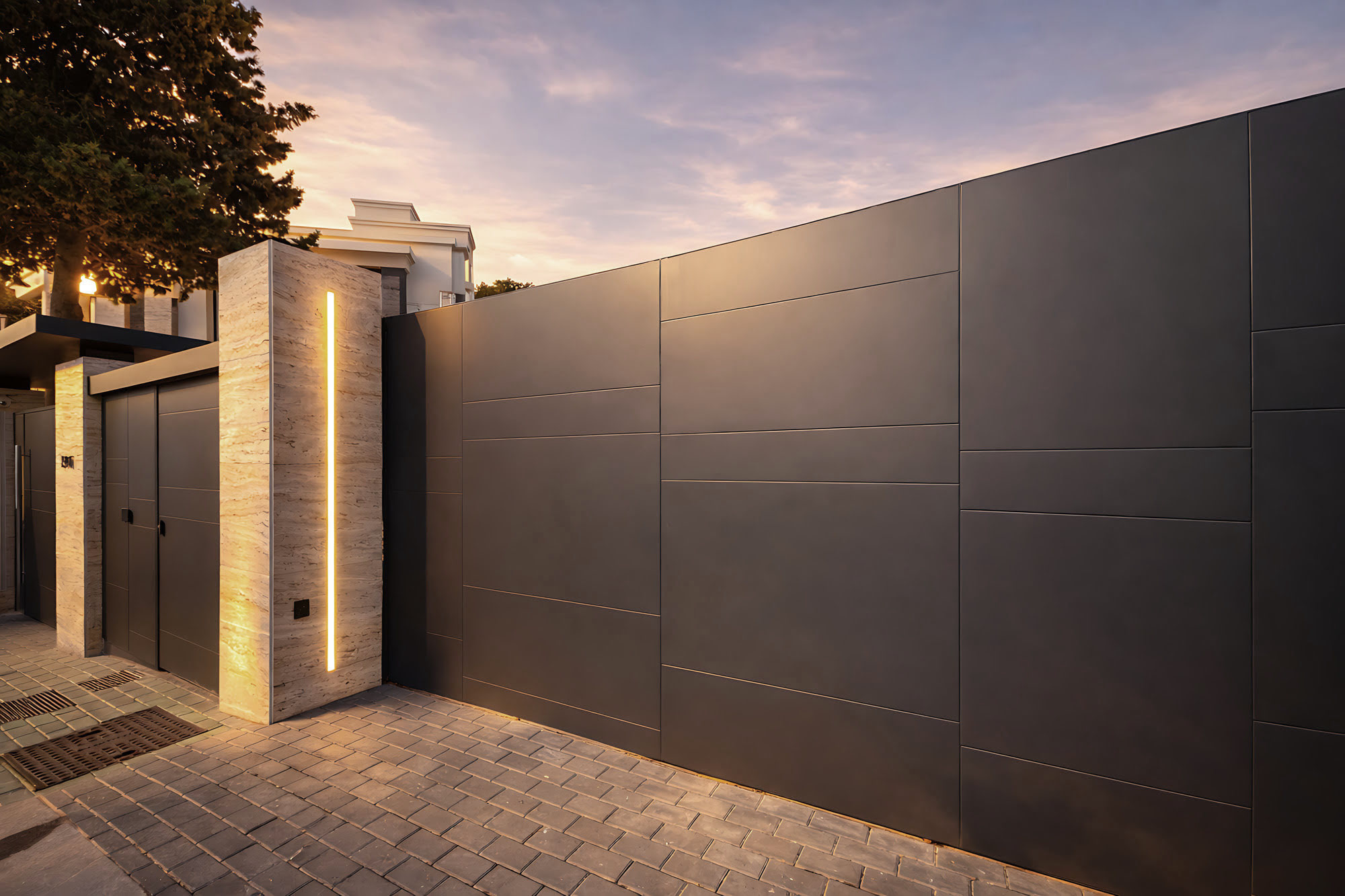 Perimeter wall and arrival threshold at Hillview Estate expressing privacy, solidity and minimal exterior composition