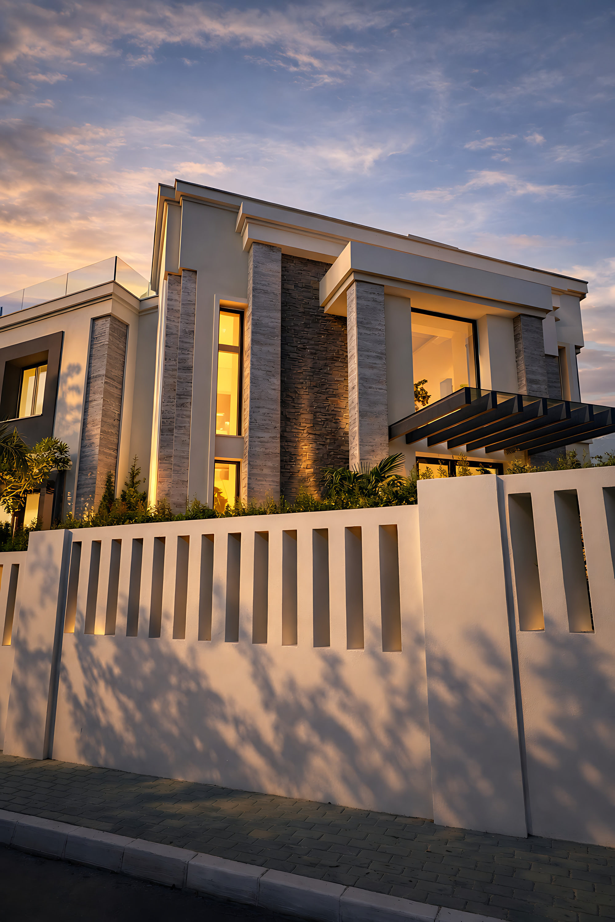 Front boundary and gate composition at Hillview Estate with sculpted white walls and a glimpse of the main villa volume