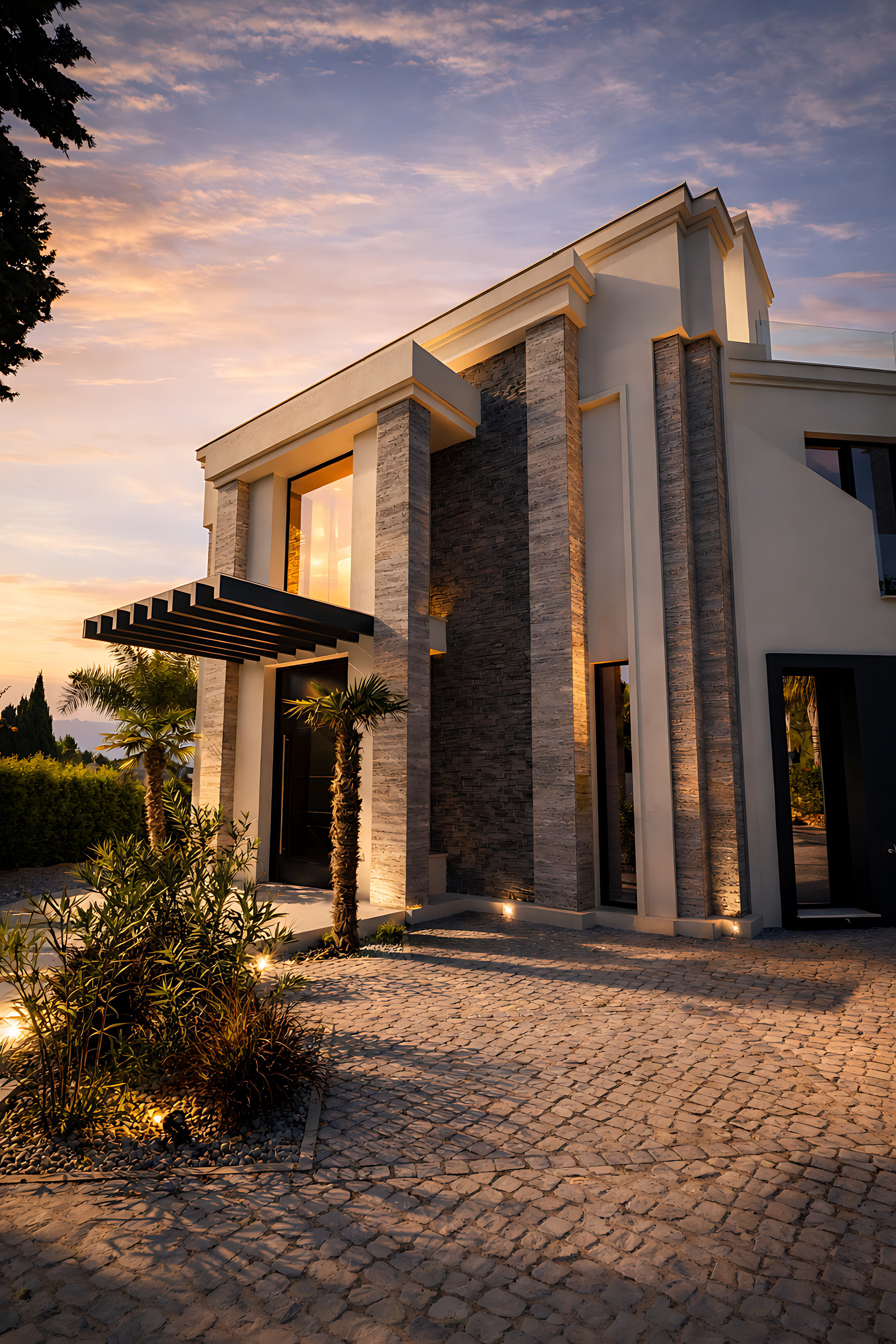 Arrival perspective of Hillview Estate with monumental stone-clad entrance architecture and warm architectural lighting