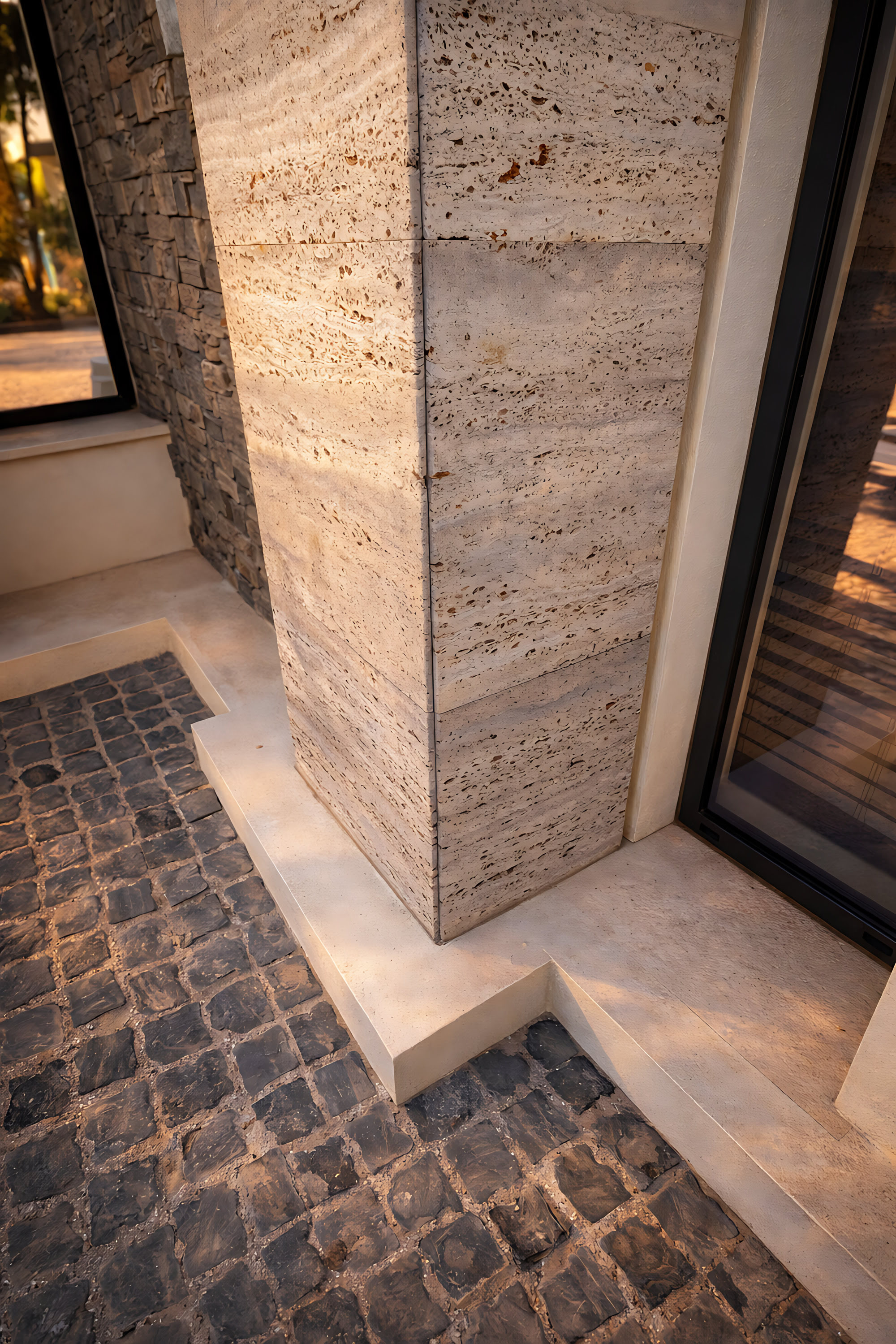Stone plinth detail at Hillview Estate showing crafted junctions, textured paving and material precision at the entrance
