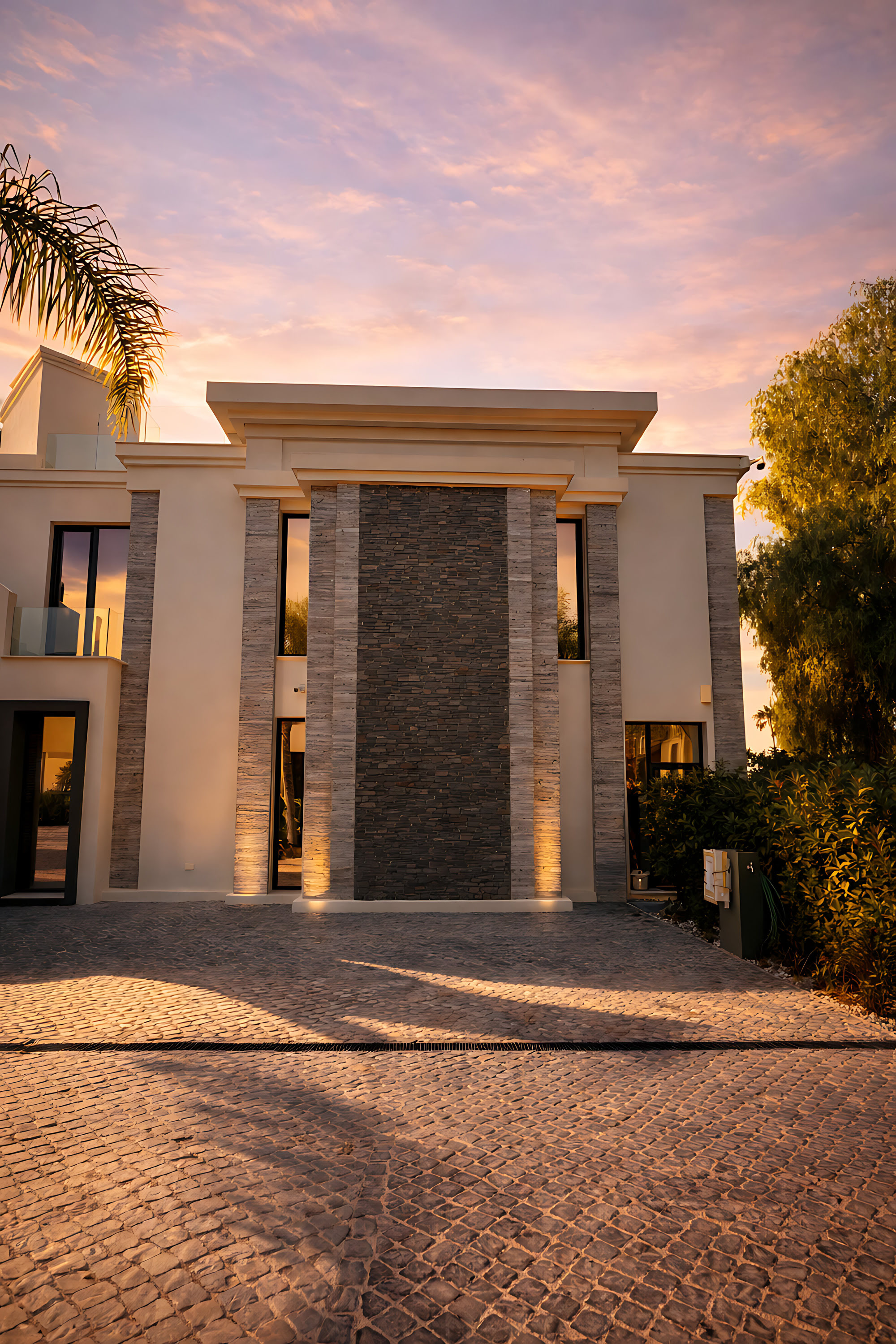 Covered entrance porch at Hillview Estate with strong symmetry, recessed lighting and a ceremonial arrival sequence