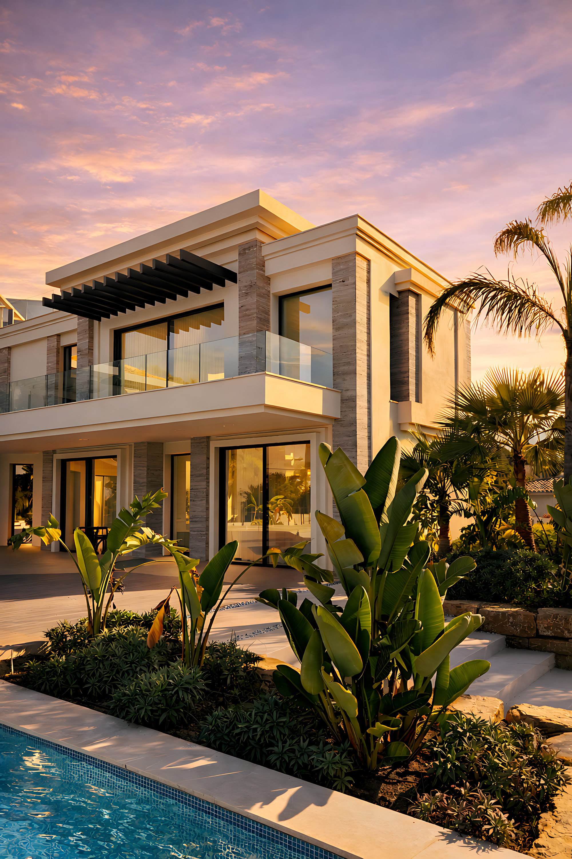 Garden-side view of Hillview Estate with tropical planting, water edge and layered contemporary architecture