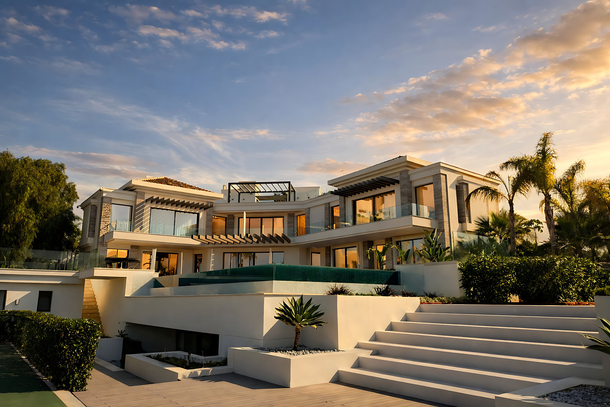 Daylight pool façade of Hillview Estate in Los Monteros with expansive terraces, floating volumes and broad outdoor entertaining areas