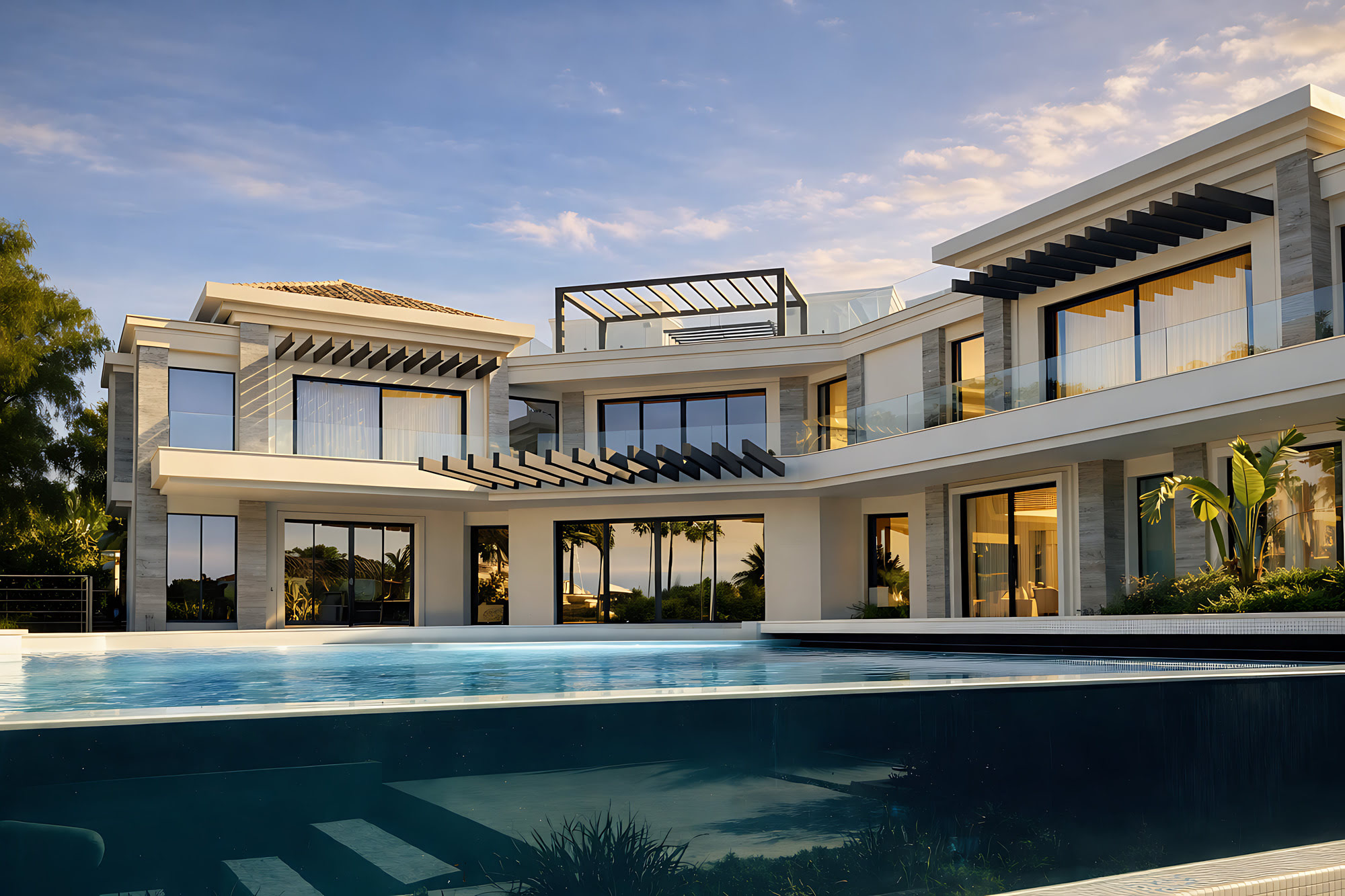 Main rear elevation of Hillview Estate at dusk with full-width pool, open terraces and resort-style lighting