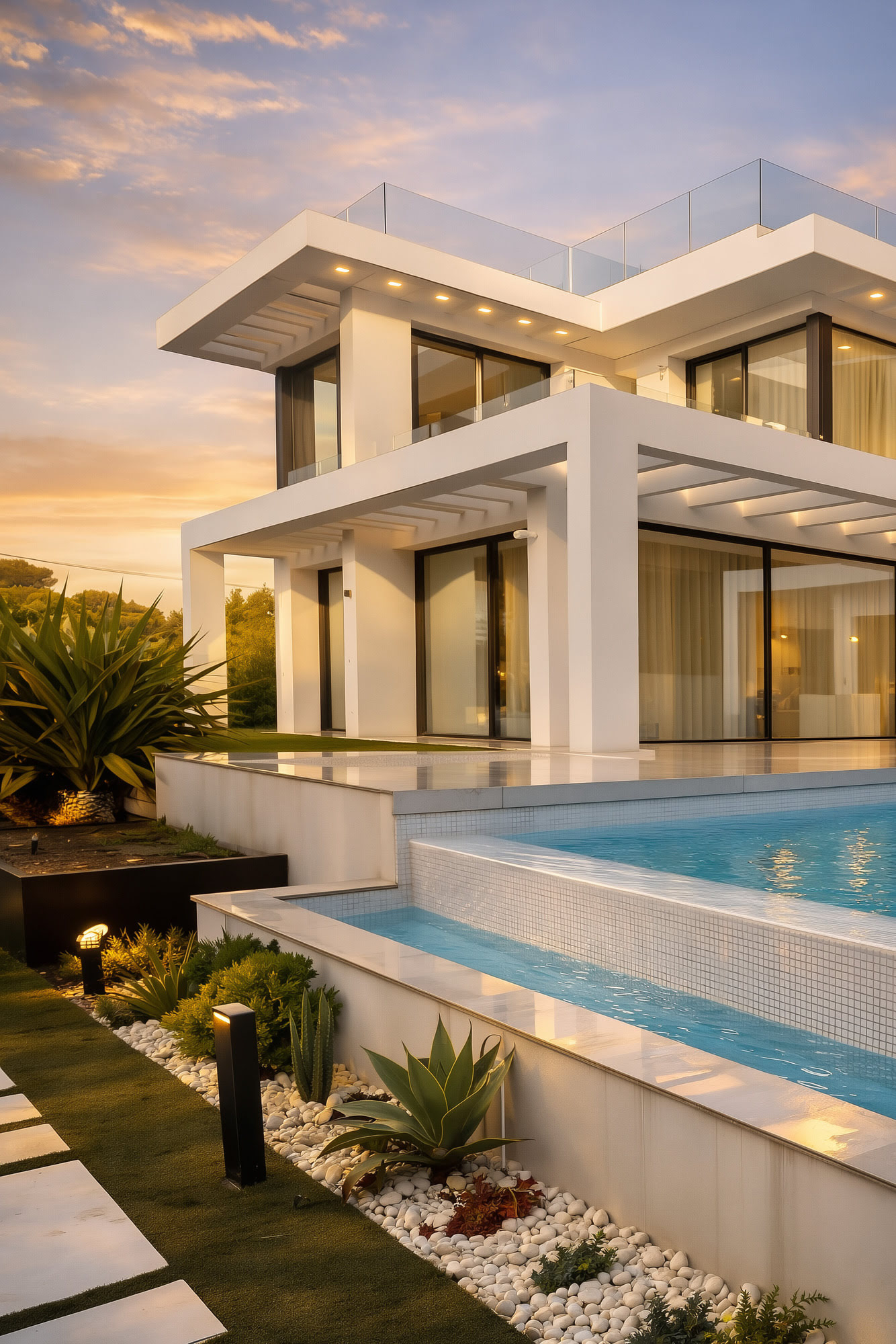 Villa Inés vertical view in Los Monteros, Marbella, showing white sculptural volumes and elevated pool edge