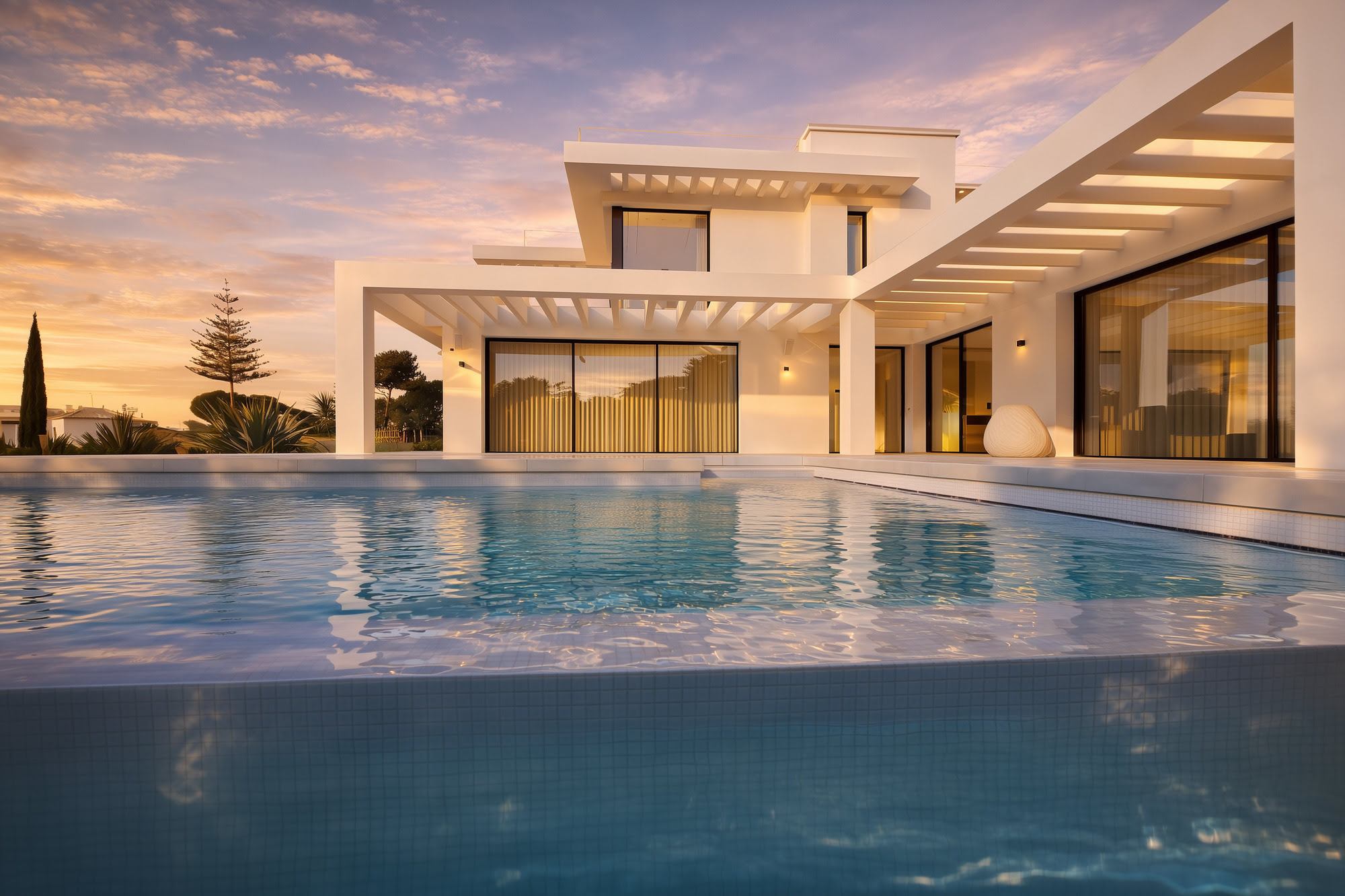 Poolside view of Villa Inés with cantilevered white architecture and still reflective water
