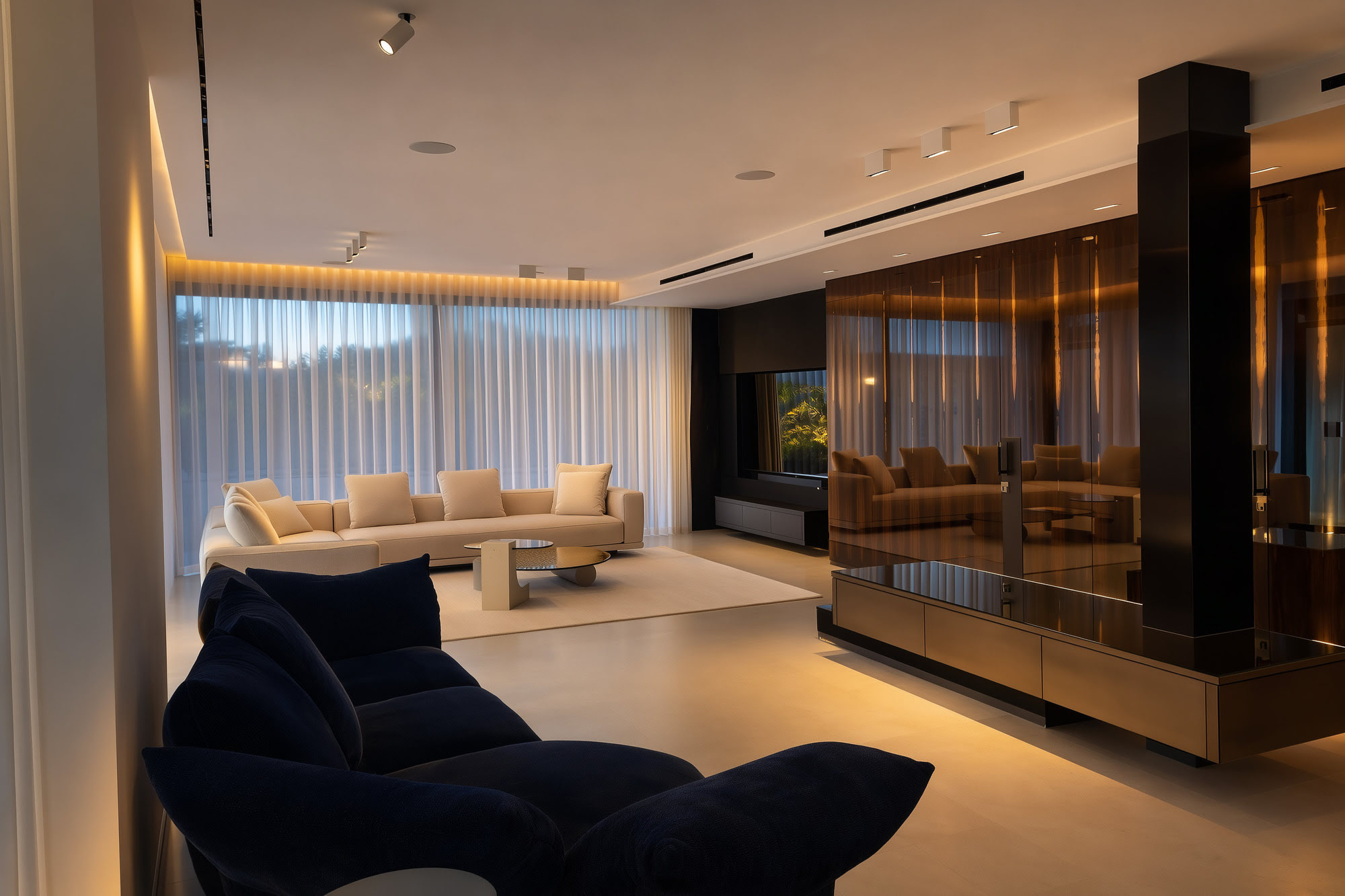 Living room at Villa Inés with sculptural dark wood fireplace wall, pale stone flooring and soft daylight