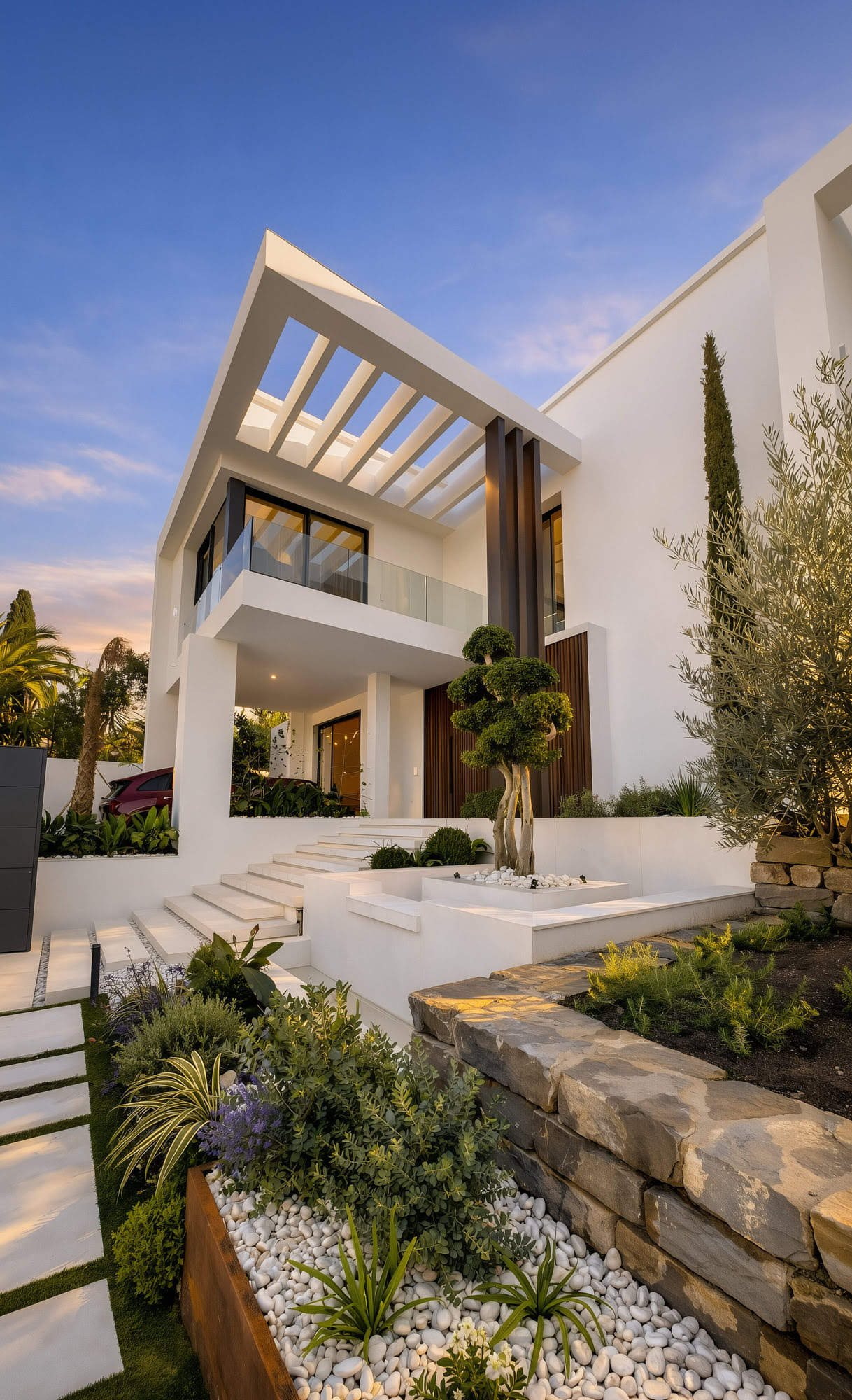 Arrival sequence at Villa Inés with stepped white stone garden, pergola and minimalist façade
