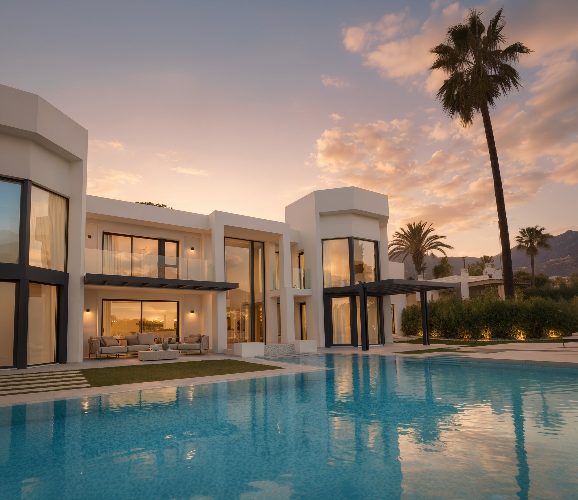 Luxury villa renovation in La Cerquilla Marbella with twilight pool façade and warm interior lighting