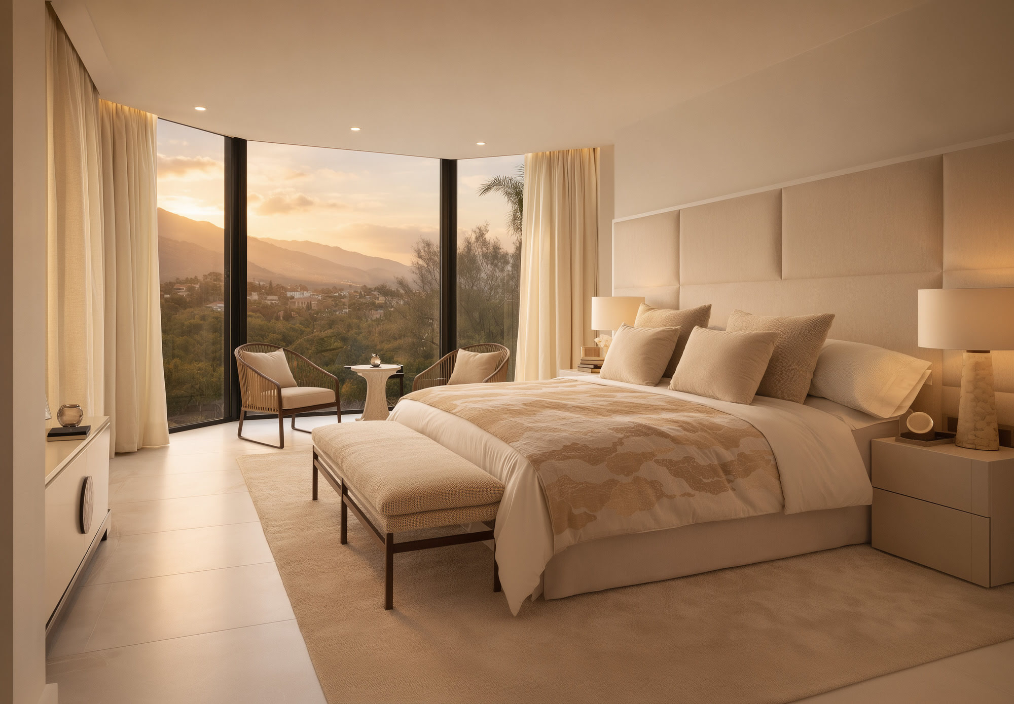 Bedroom suite in Villa Liria with soft neutral tones and terrace connection