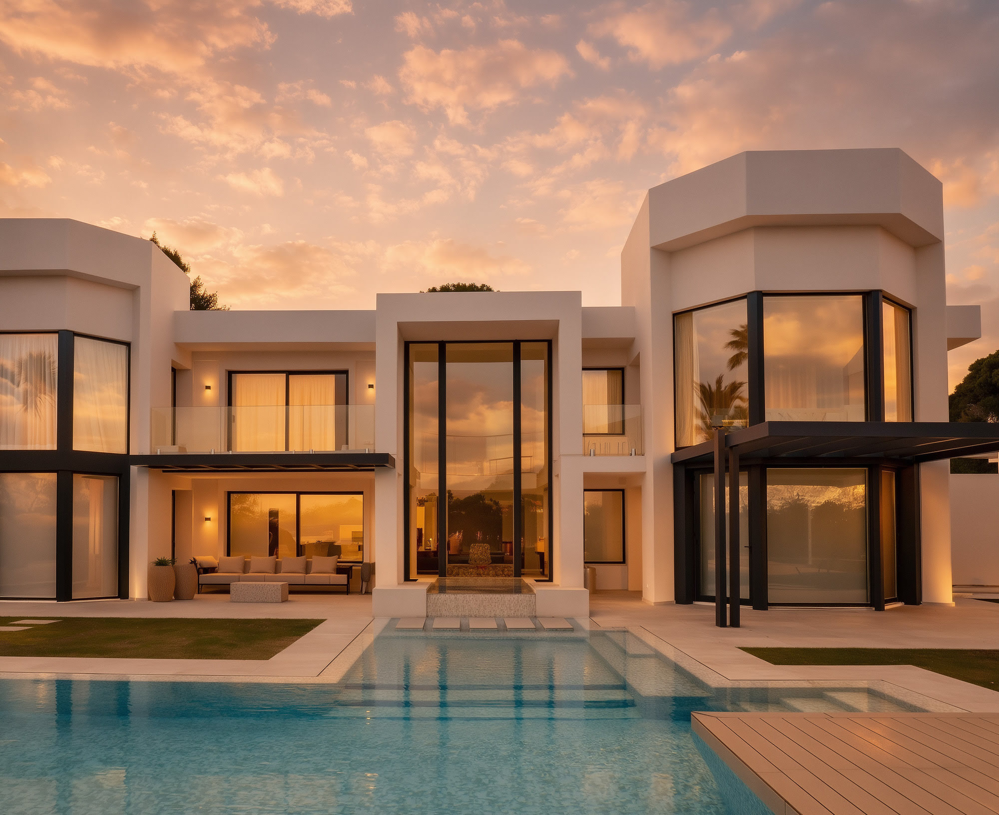 Renovated villa in Nueva Andalucía with illuminated pool and symmetrical contemporary Mediterranean façade