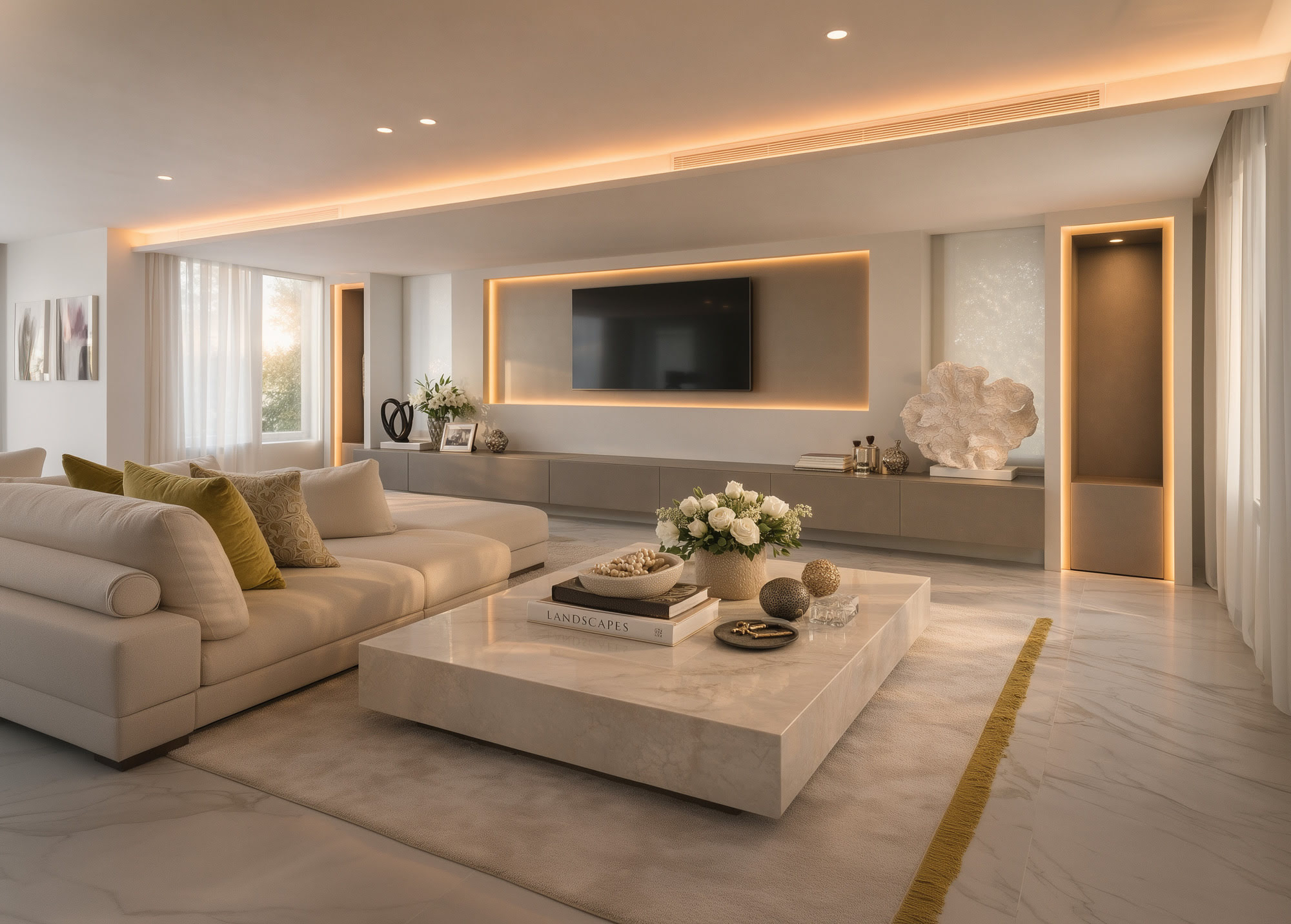 Open-plan living room in a luxury Nueva Andalucía villa with calm palette and integrated lighting
