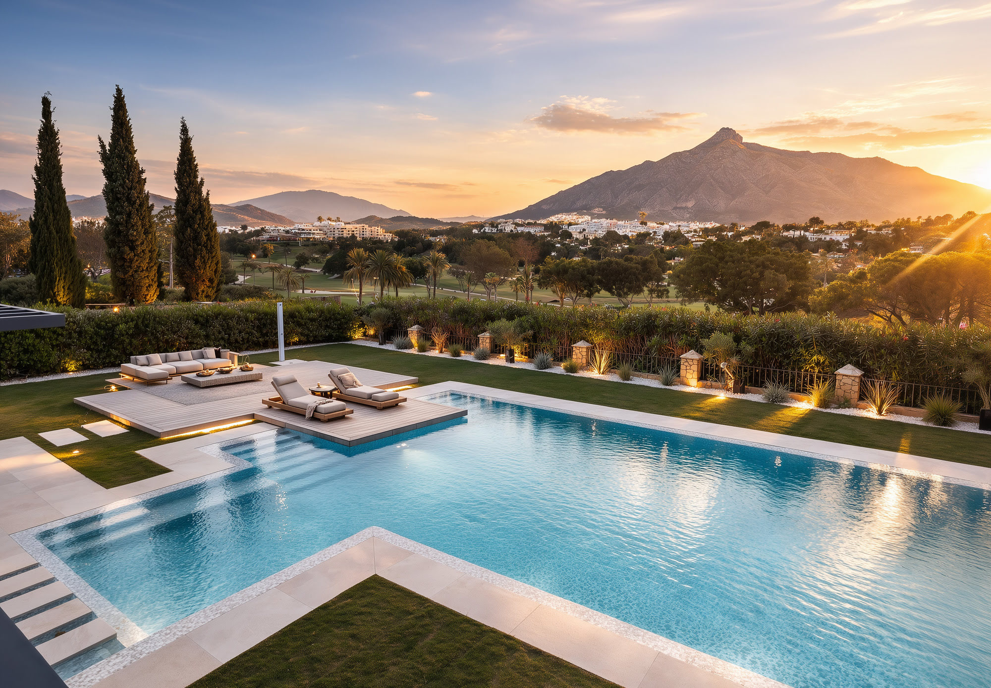 Panoramic pool terrace of Villa Liria at sunset in La Cerquilla Nueva Andalucía