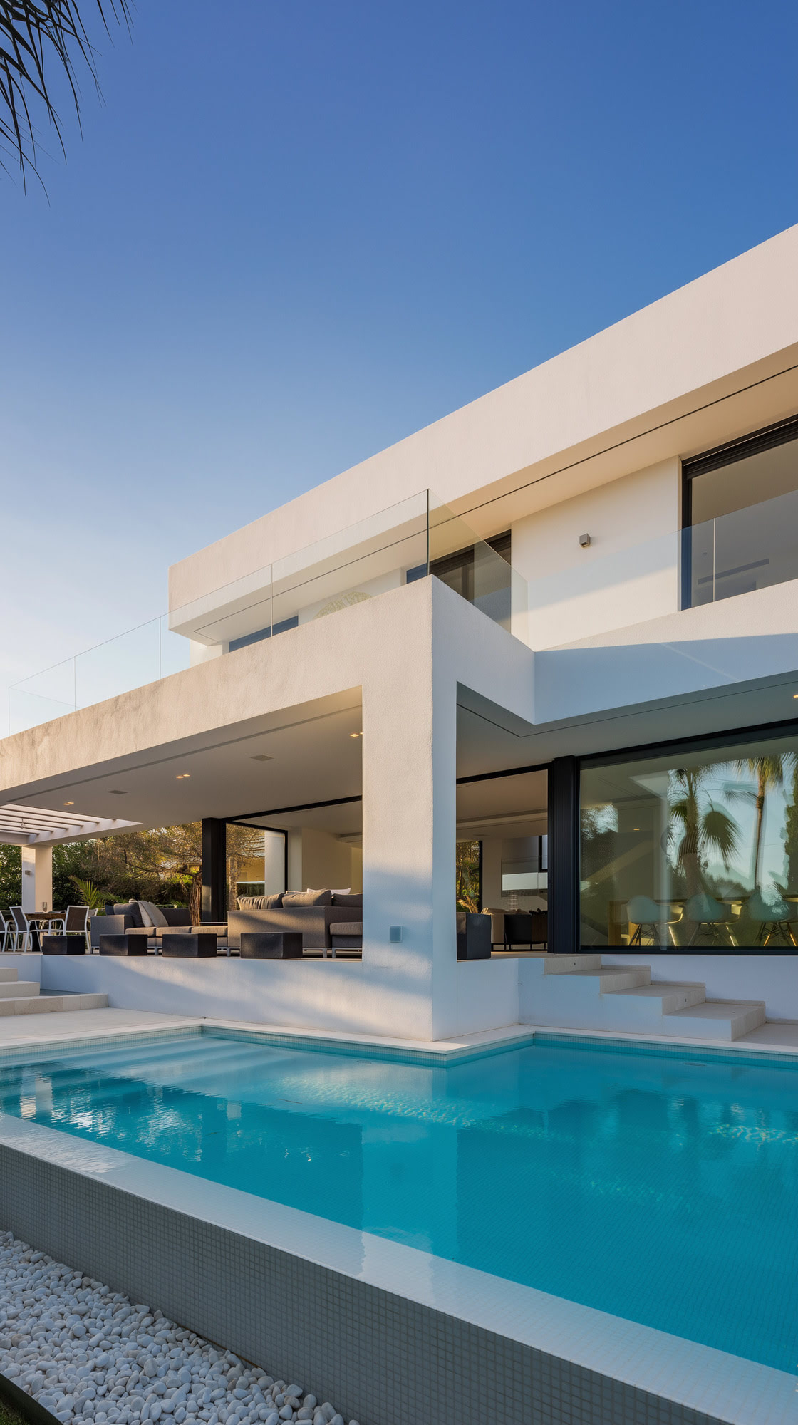 Pool corner detail at M152 highlighting sharp white planes, water reflections and refined outdoor materials