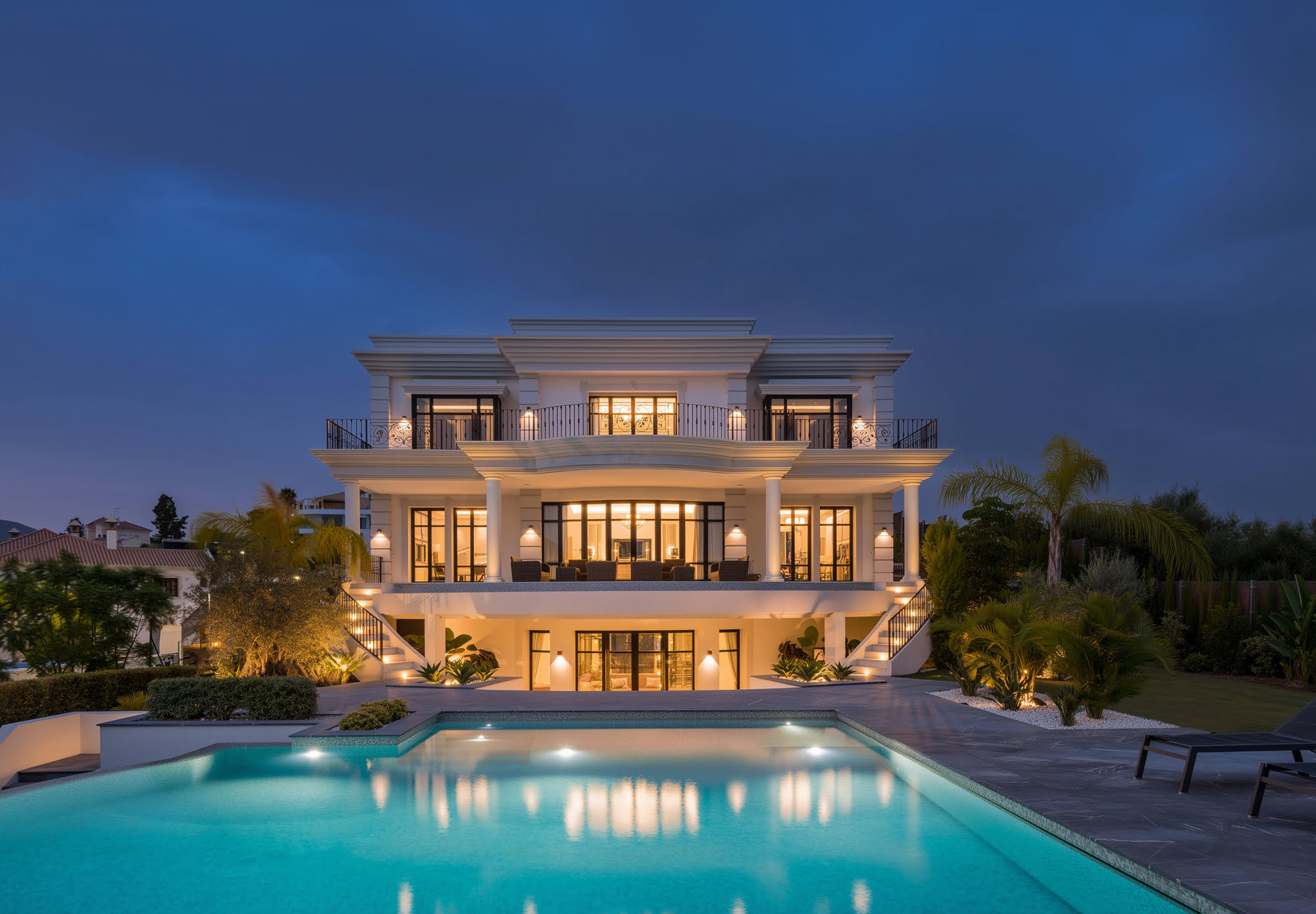 Twilight rear façade of Villa Mariselena reflected in the swimming pool, showing a grand classical mansion in La Zagaleta