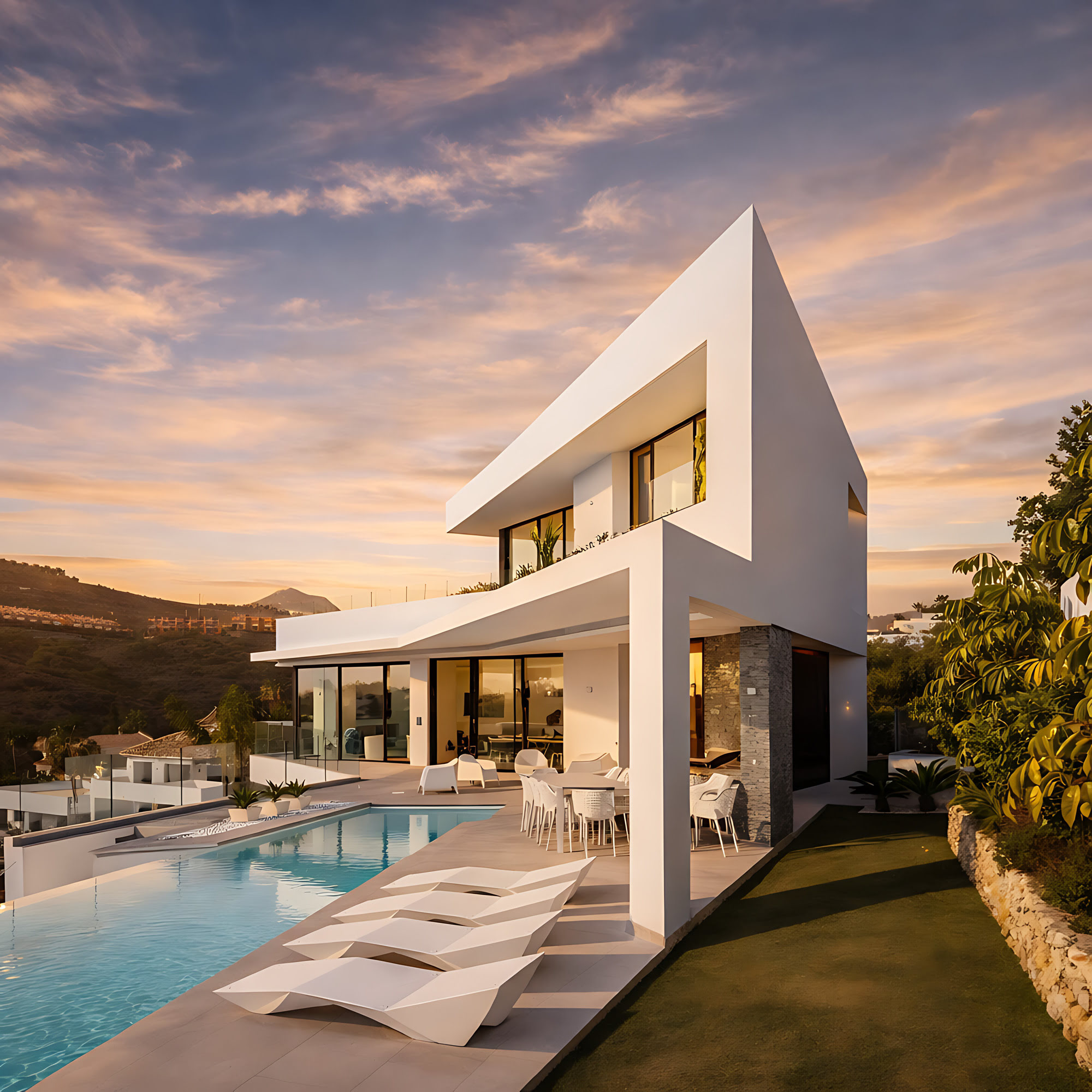 Side perspective of Villa Origami with folded white planes and pool terrace overlooking the landscape