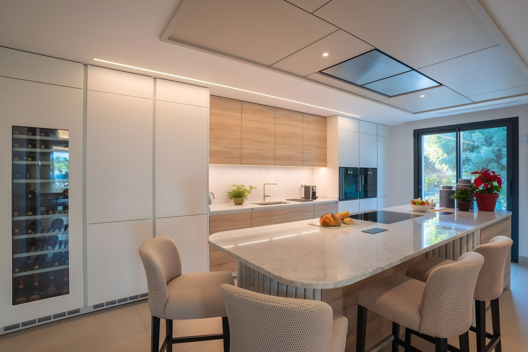 Minimalist interior sitting area with bespoke joinery and open-plan connection to the kitchen