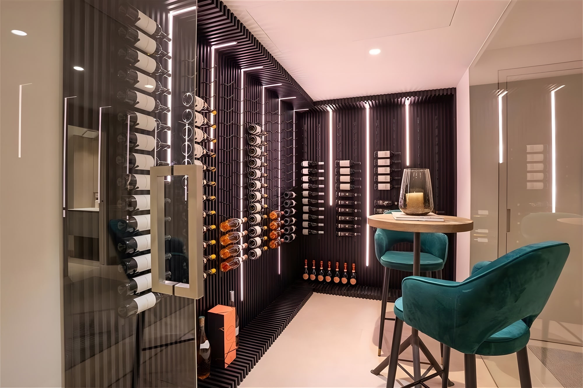 Wine cellar and tasting room with custom bottle display and intimate lounge seating