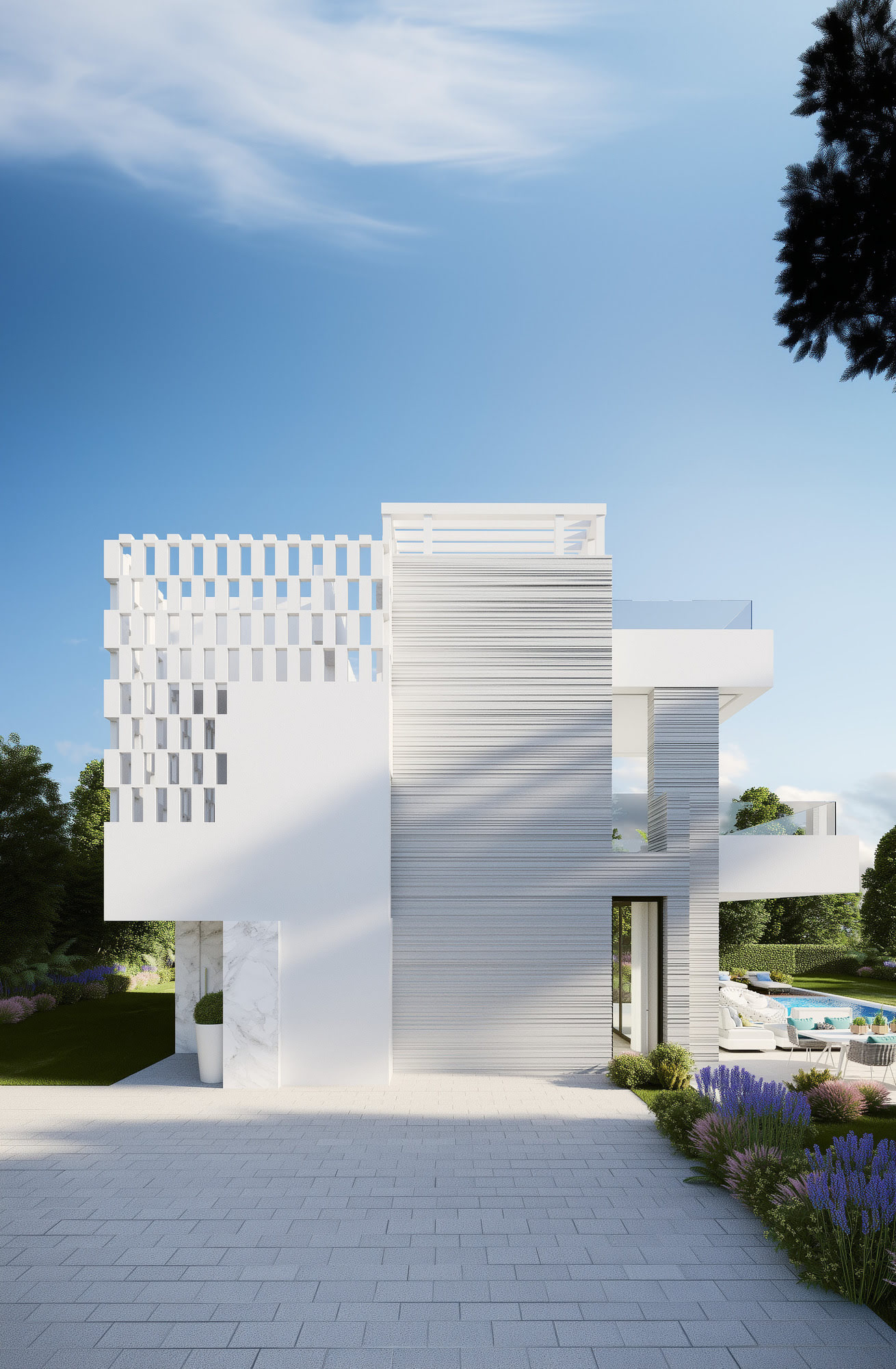 Arrival view of Villa Río Verde, contemporary white villa in Río Verde with clean volumes and private driveway