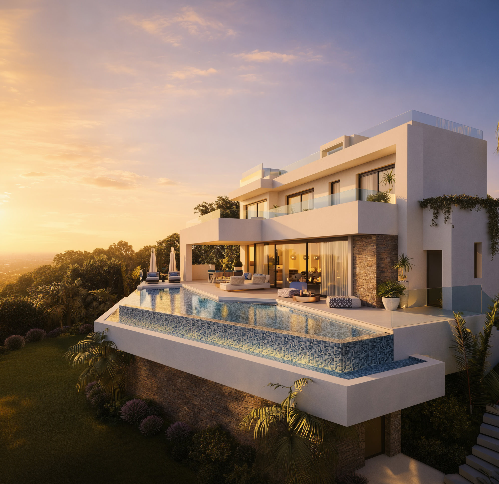 Daylight corner perspective of Villa Riviera showing the infinity-edge pool, cantilevered terraces and sculpted landscaping