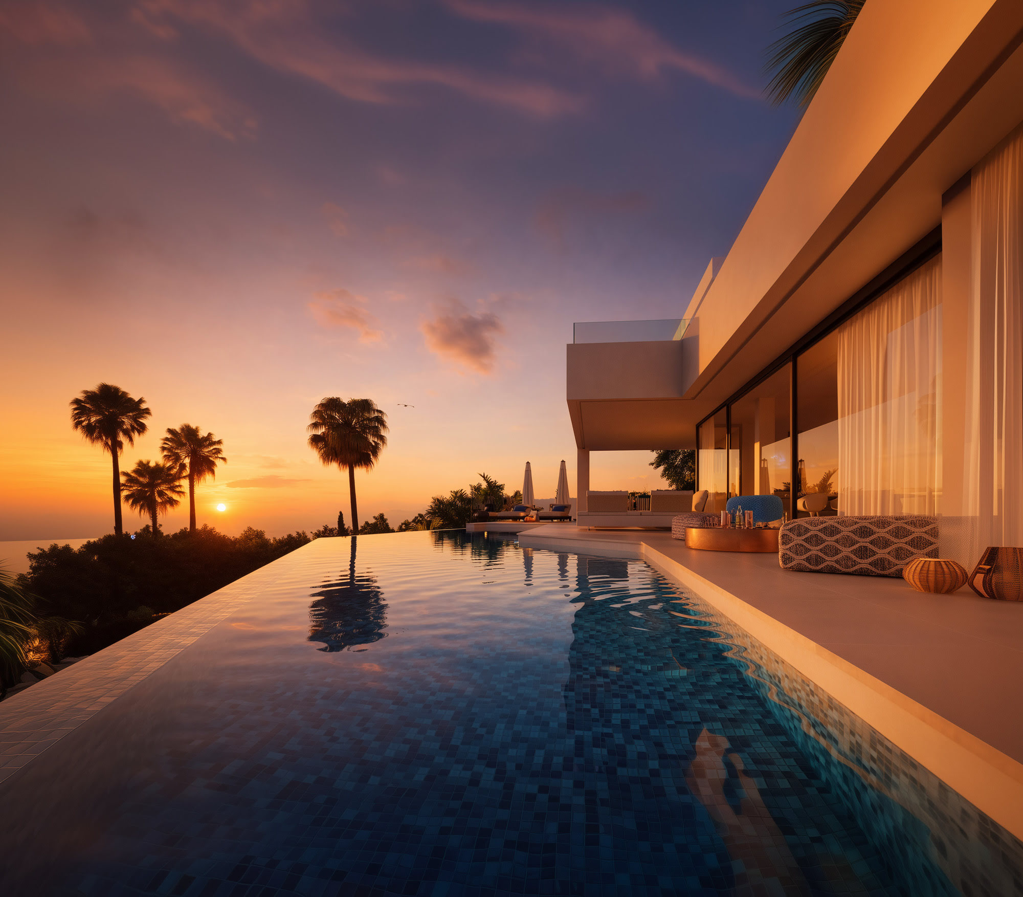 Poolside sunset view at Villa Riviera with water edge, deep overhang and Mediterranean horizon