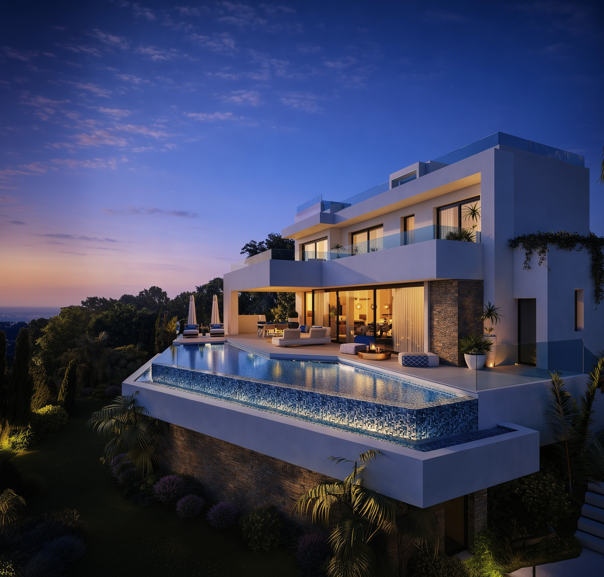 Blue-hour corner view of Villa Riviera highlighting stacked contemporary geometry and poolside outdoor living