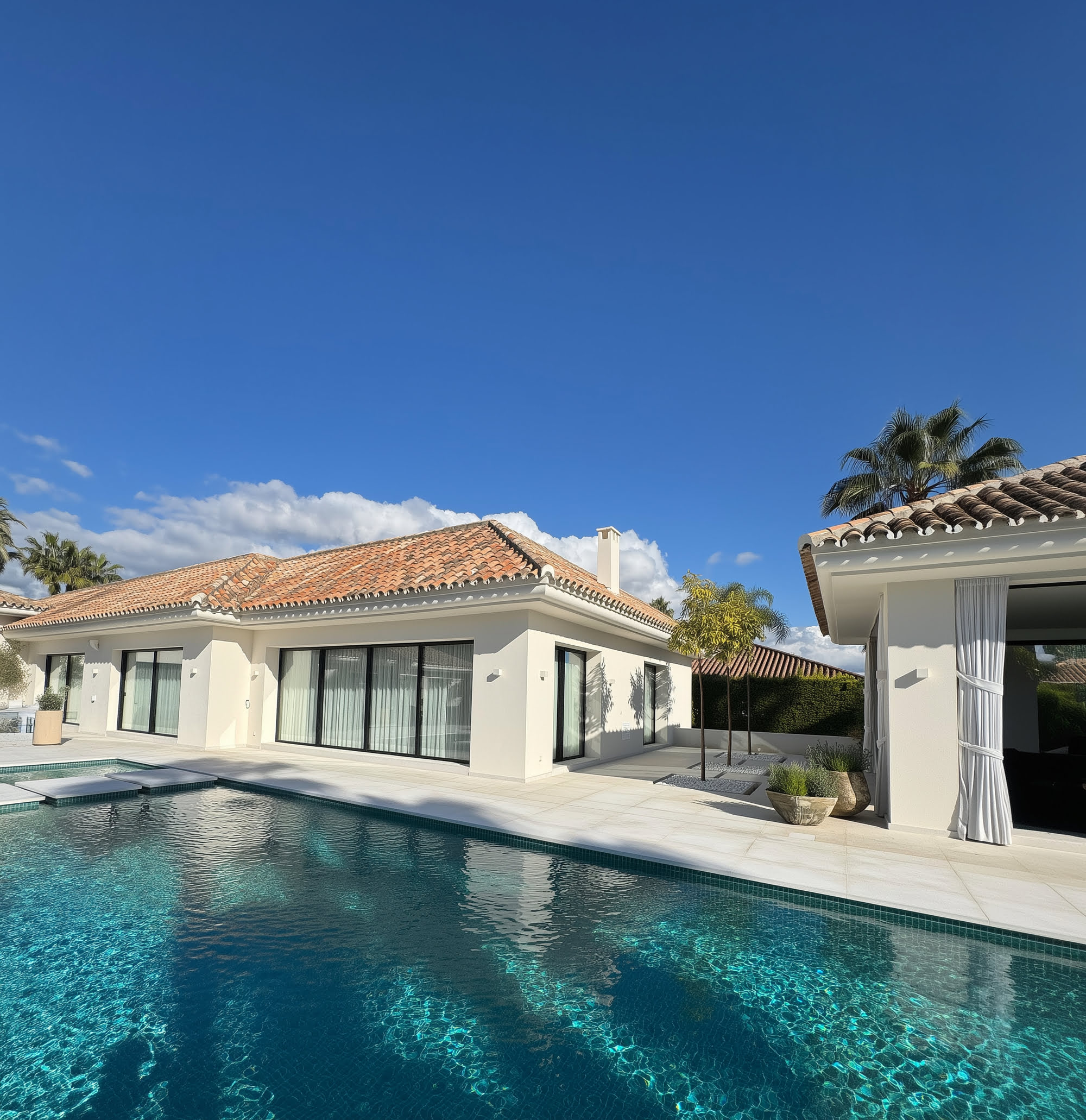 Garden side view of Villa Shangri-La with long pool, open lawn and Mediterranean residential composition
