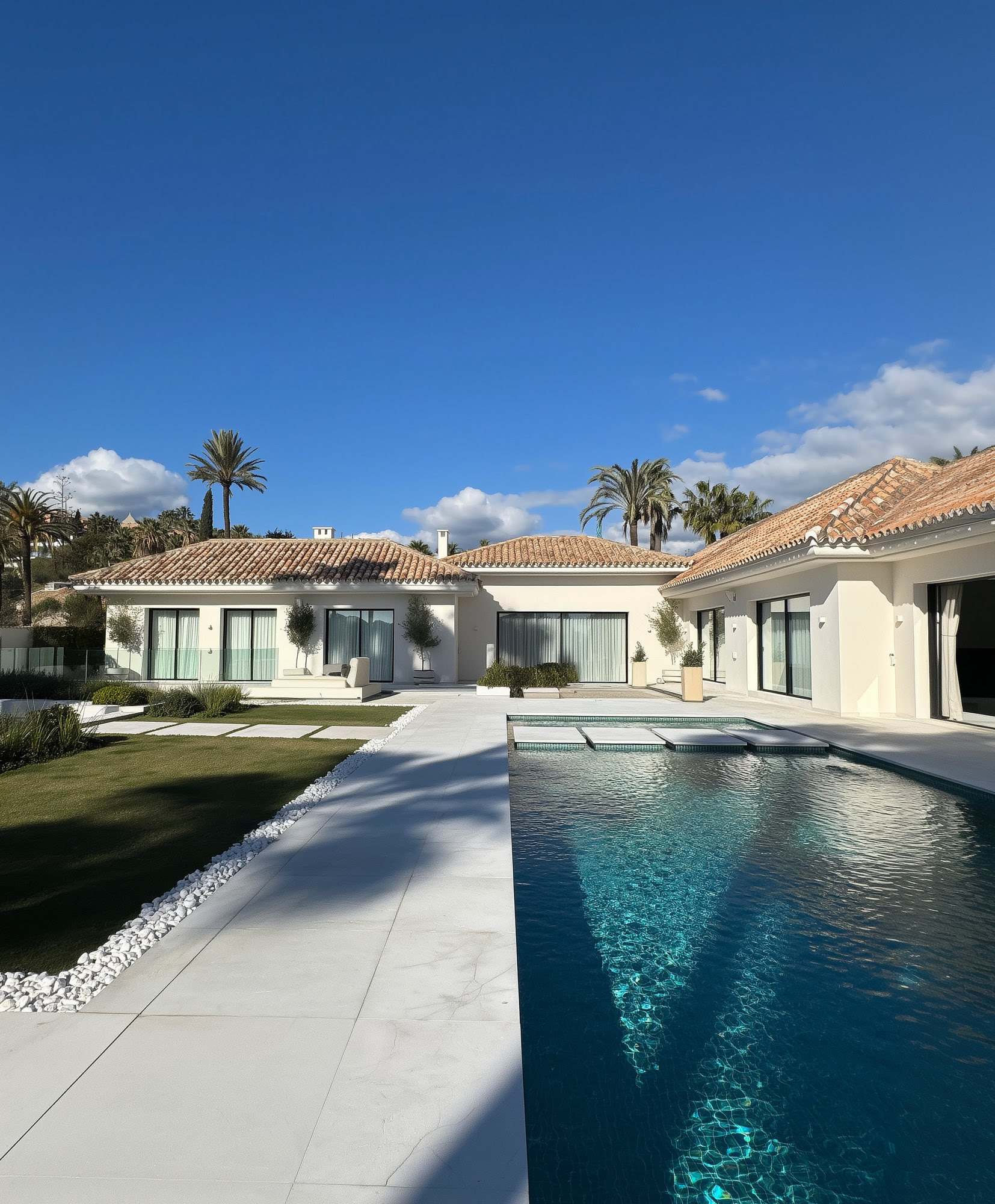 Main arrival view of Villa Shangri-La with Mediterranean façades, pool and sun terrace in La Cerquilla, Nueva Andalucía