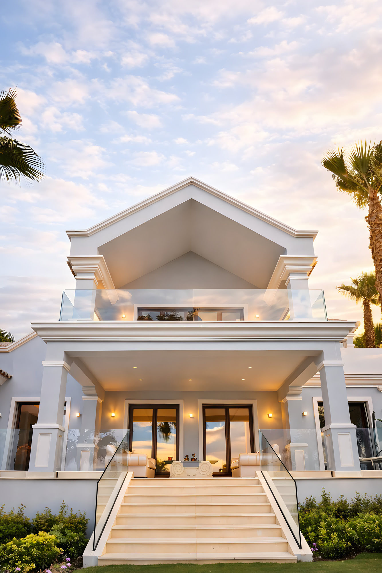 Frontal arrival view of Villa Tanya with central stair, classical portico and symmetrical façade in La Cerquilla, Nueva Andalucía