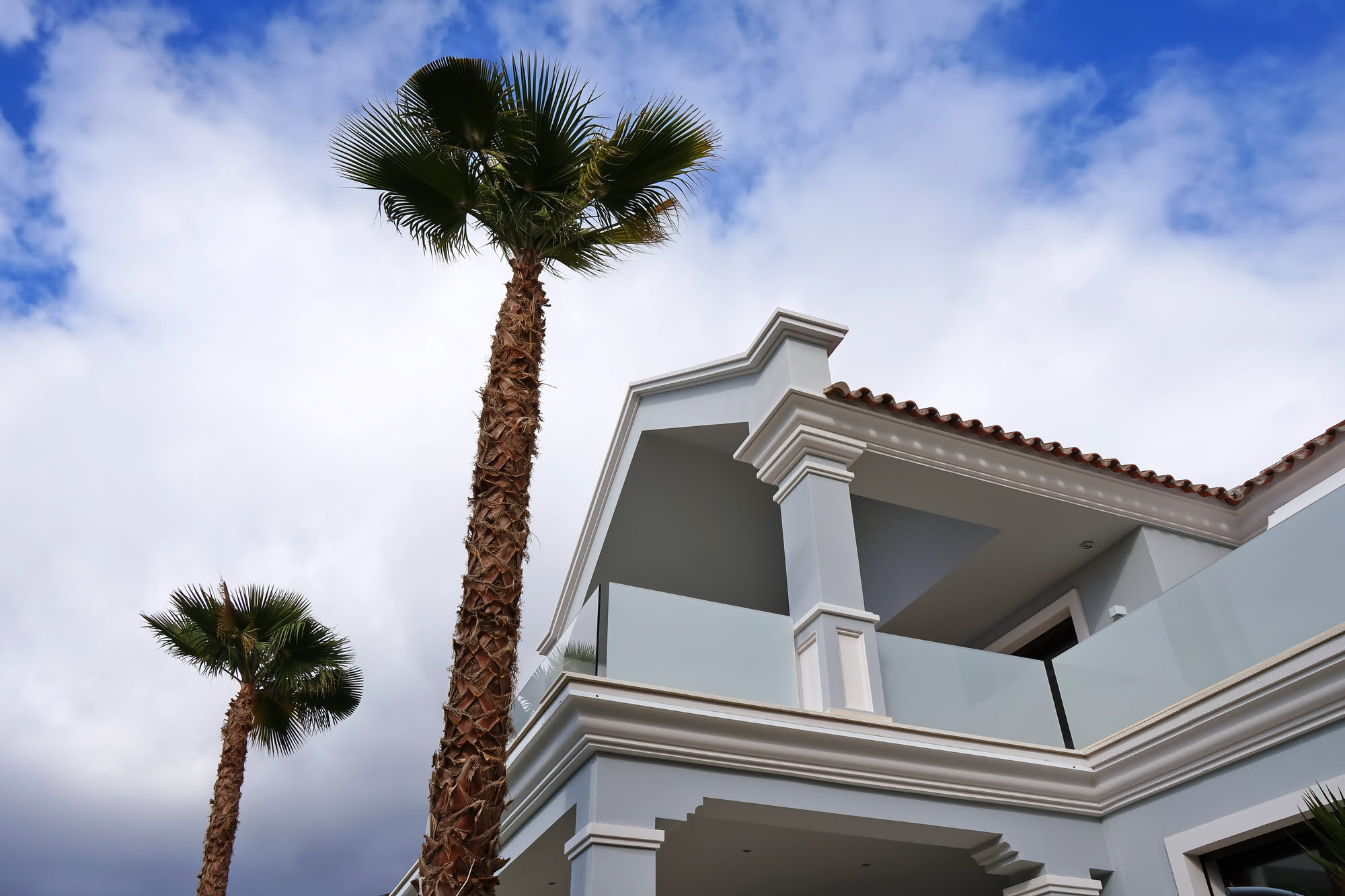 Architectural close-up of Villa Tanya upper façade and roofline framed by palm trunks and blue sky