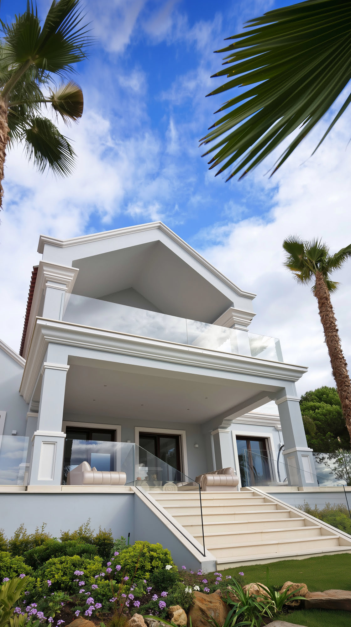 Low-angle front garden perspective of Villa Tanya with palm trees, white façades and elevated entrance stair