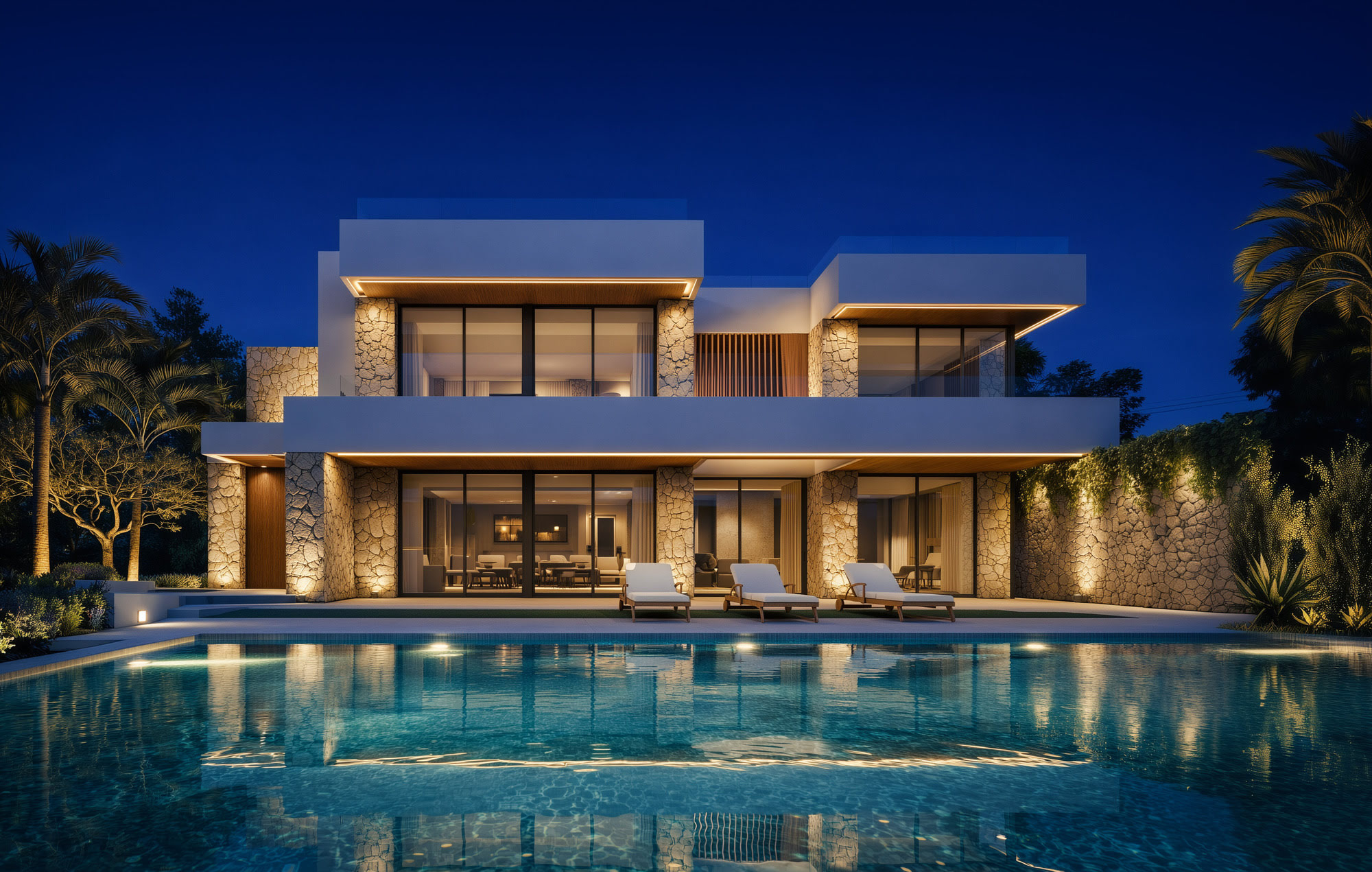 Twilight frontal view of Villa Tejon in Los Monteros with illuminated pool, strong horizontal composition and elegant palm-framed setting