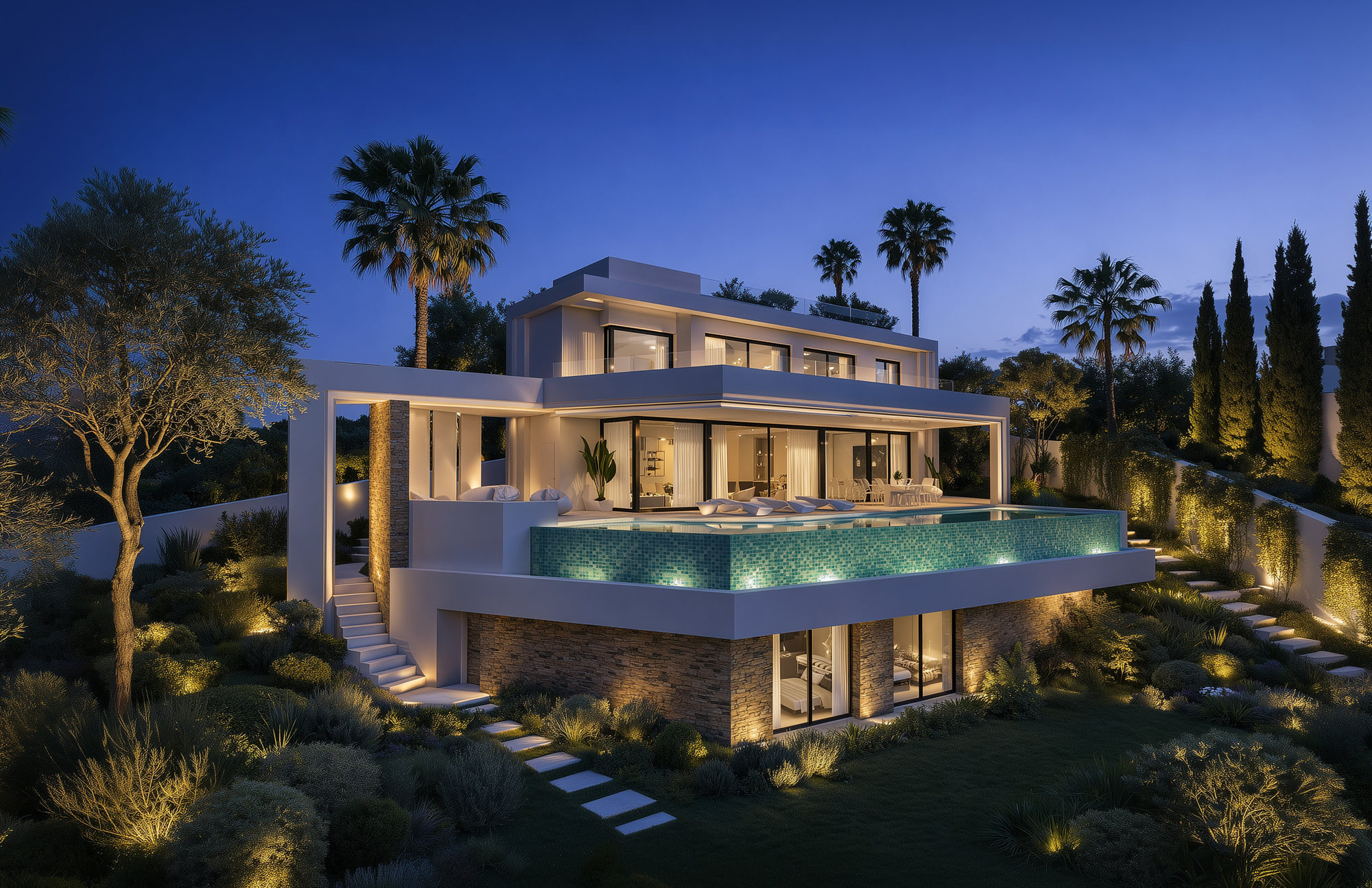 Main exterior of Villa Torrenueva in Mijas with illuminated pool terrace and layered landscaping at blue hour