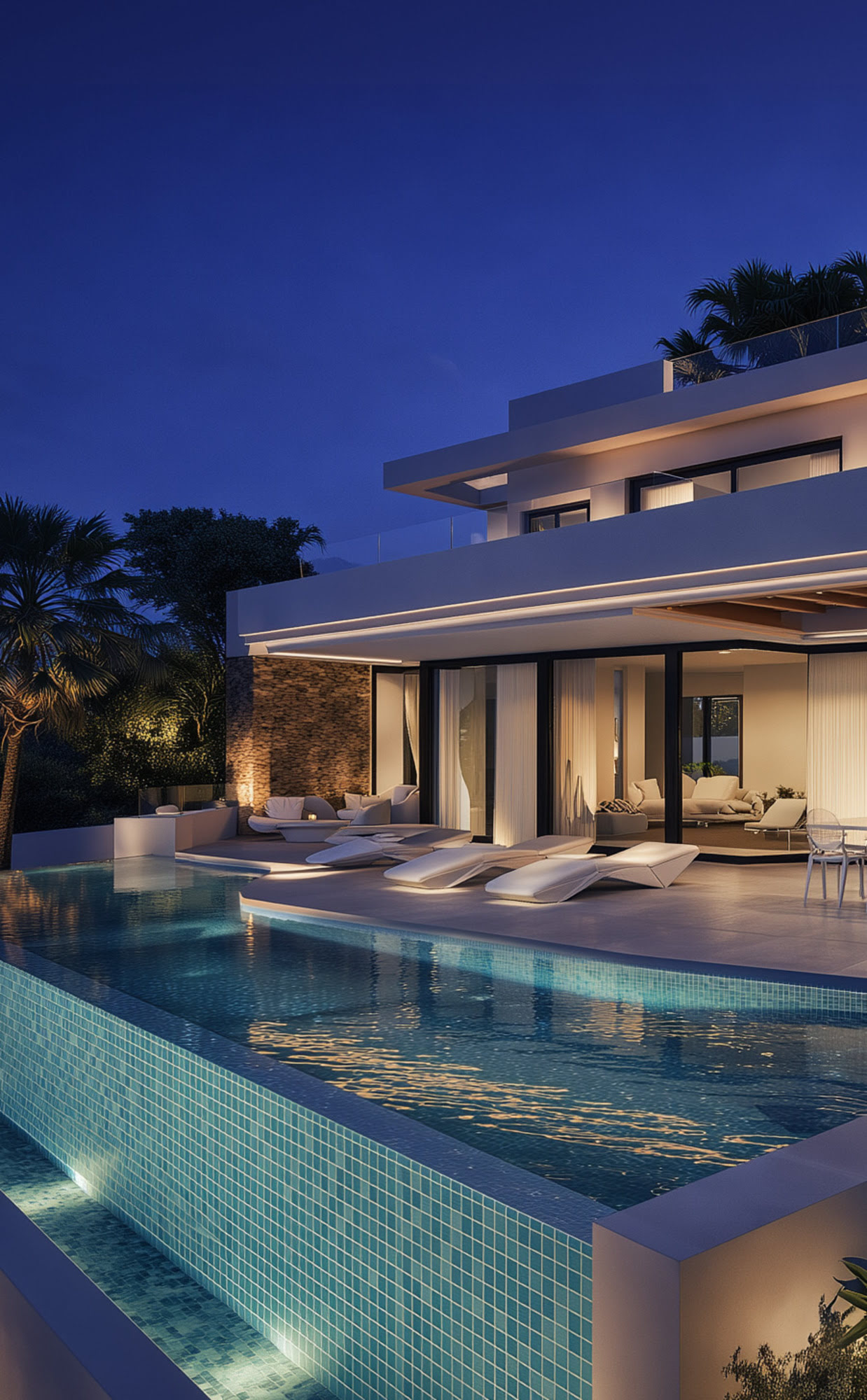Pool edge perspective at Villa Torrenueva with long water surface, contemporary terraces and evening atmosphere