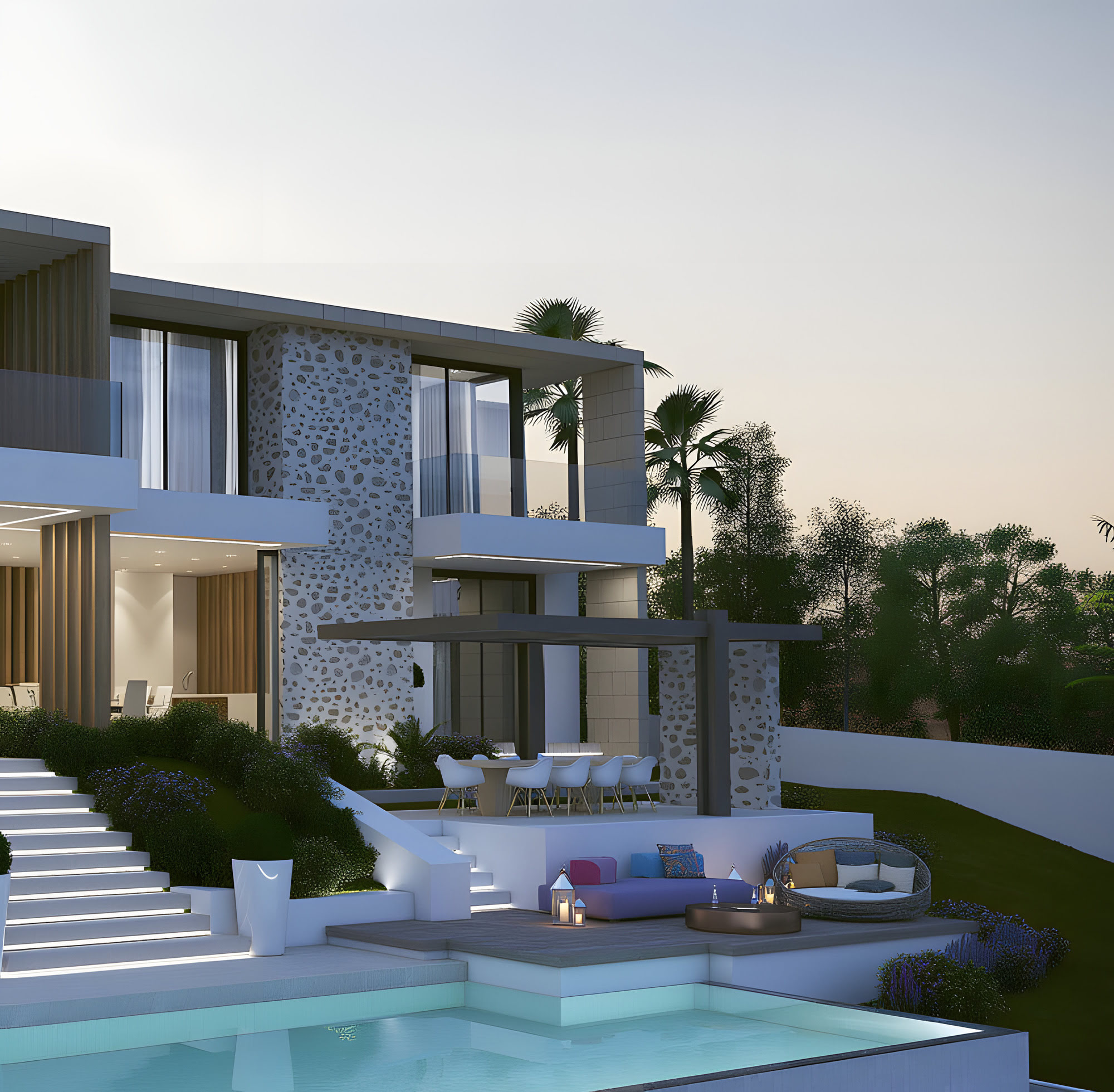 Poolside perspective of UA211 with broad entrance steps, warm interior glow, luxury outdoor seating and sculptural stone volumes