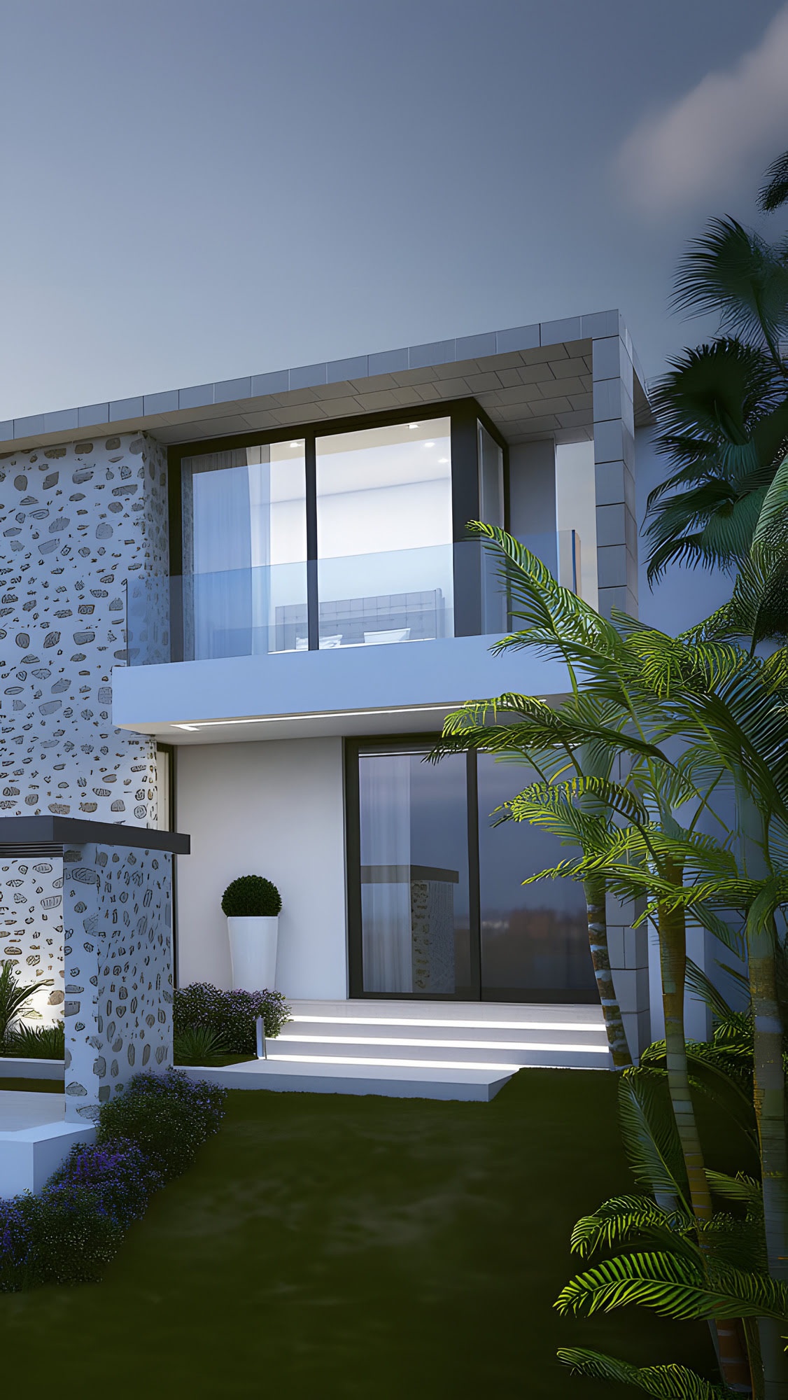 Vertical entrance view of UA211 in La Zagaleta with natural stone façade, palm-framed garden and softly illuminated contemporary architecture