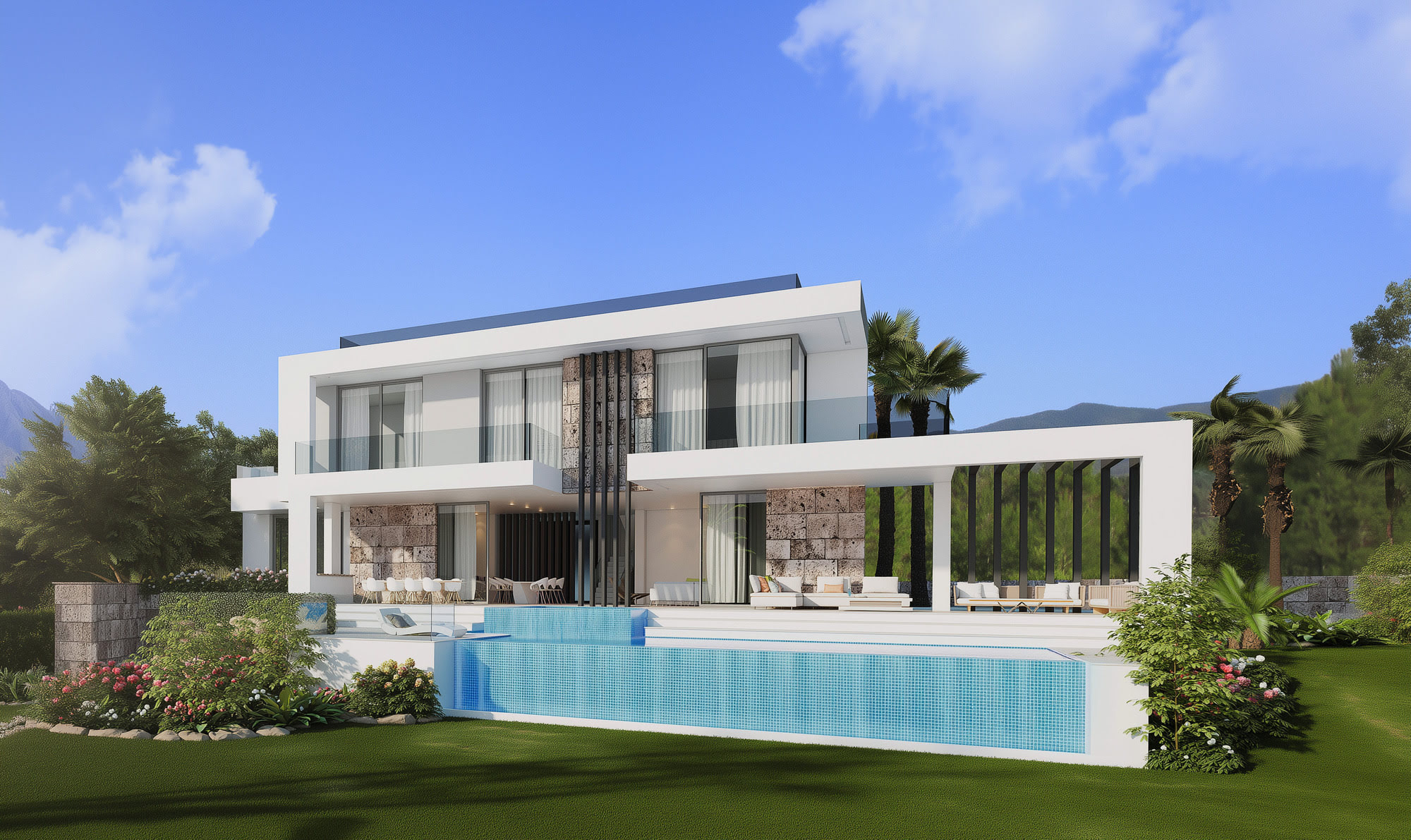 Full garden elevation of UA218 in La Zagaleta, showing horizontal white volumes, pool edge, lawn and contemporary Mediterranean composition
