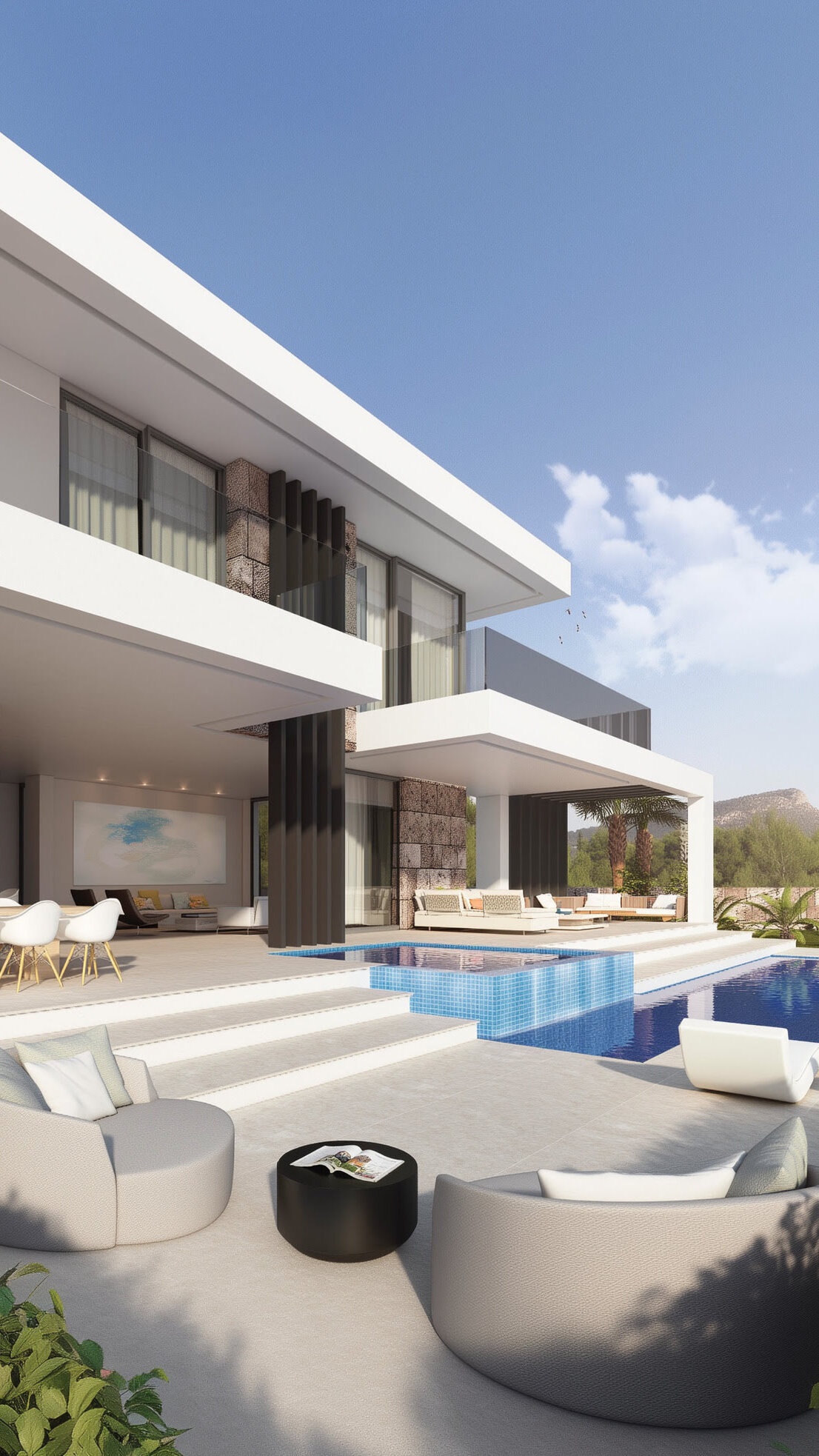 Vertical poolside view of UA218 with outdoor lounge furniture, shaded terrace and crisp white cantilevered slabs